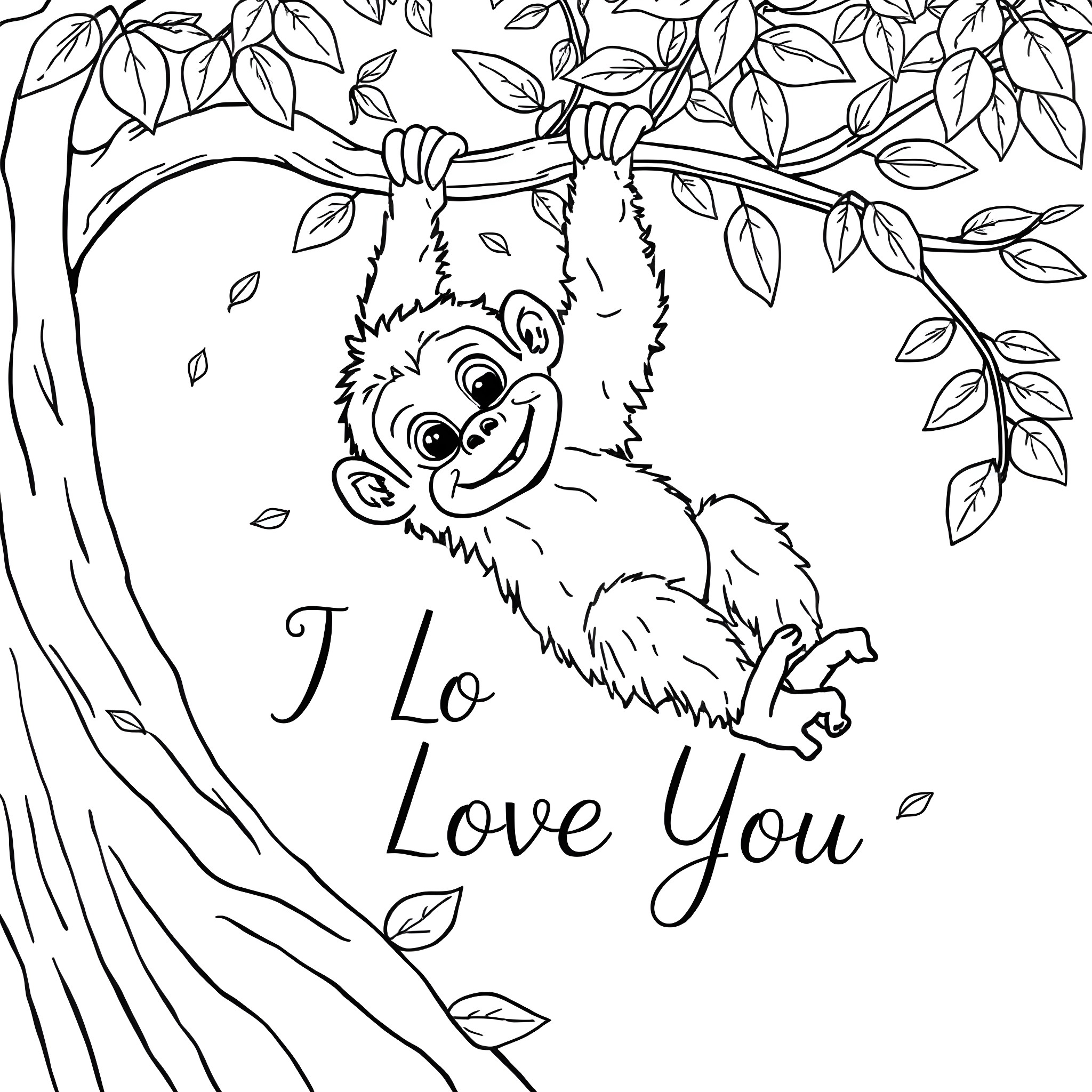 Baby Orangutan hanging playfully on tree branch Coloring Page (free black-and-white line drawing printable PDF for all, from beginners to advanced learners, including children, teens, adults, and seniors)