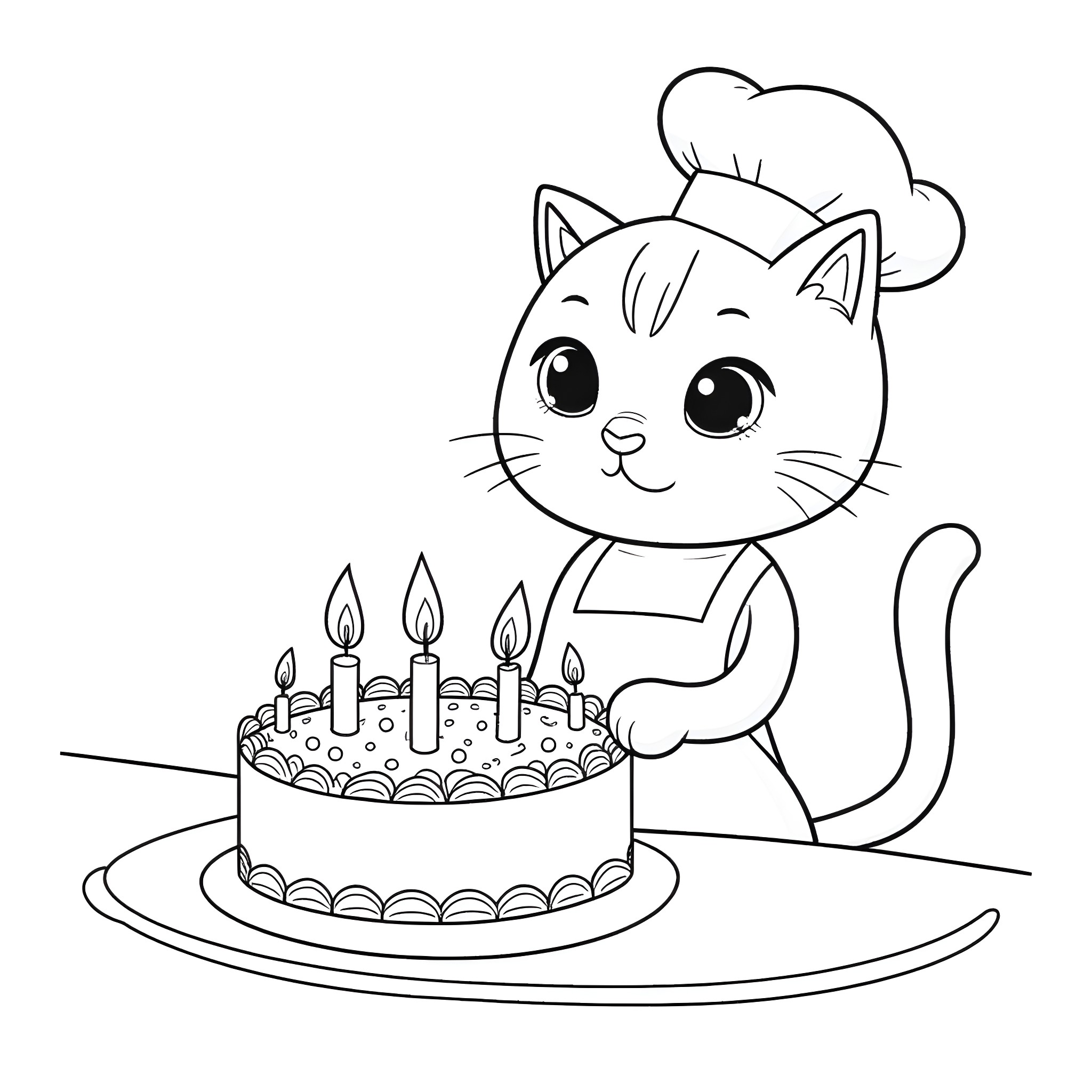Cat Chef Preparing Birthday Cake Coloring Page (free black-and-white line drawing printable PDF for all, from beginners to advanced learners, including children, teens, adults, and seniors)