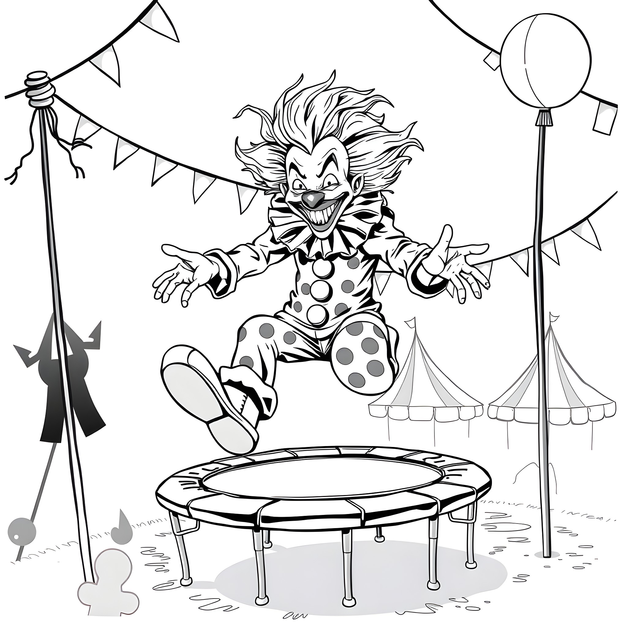 Clown jumping joyfully on trampoline at carnival Coloring Page (free black-and-white line drawing printable PDF for all, from beginners to advanced learners, including children, teens, adults, and seniors)