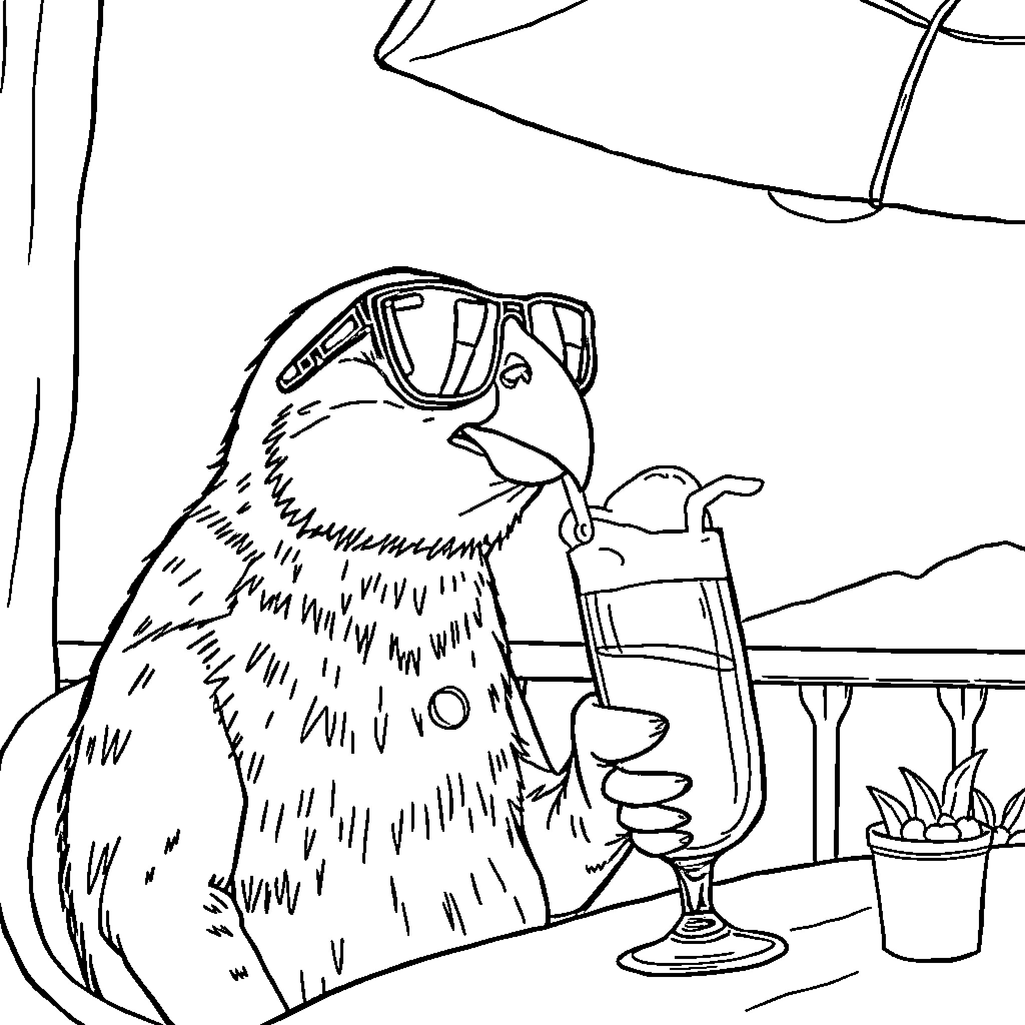 Pancho enjoying a refreshing drink by the beach Coloring Page (free black-and-white line drawing printable PDF for all, from beginners to advanced learners, including children, teens, adults, and seniors)