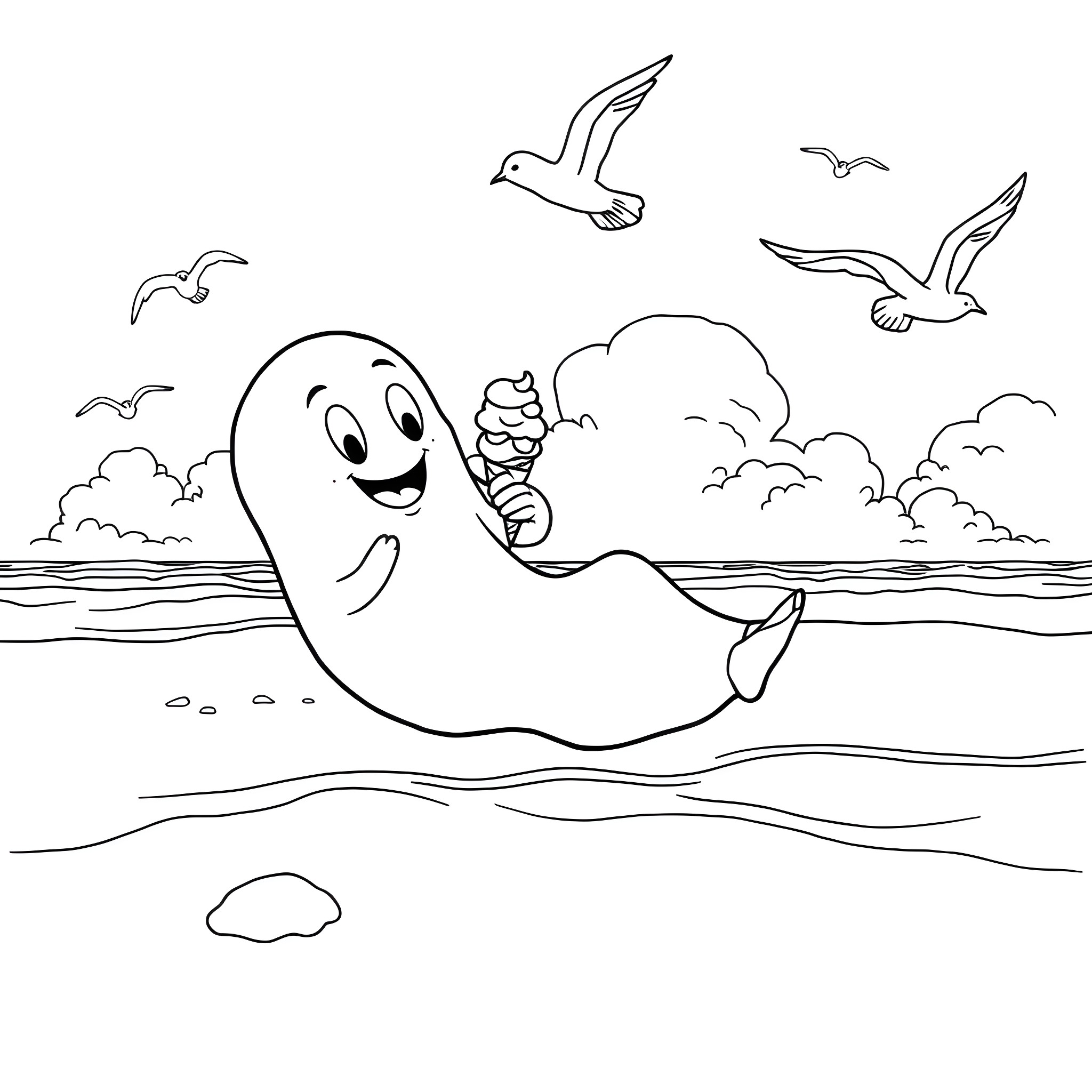 Ghost playing with ice cream in the sea Coloring Page (free black-and-white line drawing printable PDF for all, from beginners to advanced learners, including children, teens, adults, and seniors)