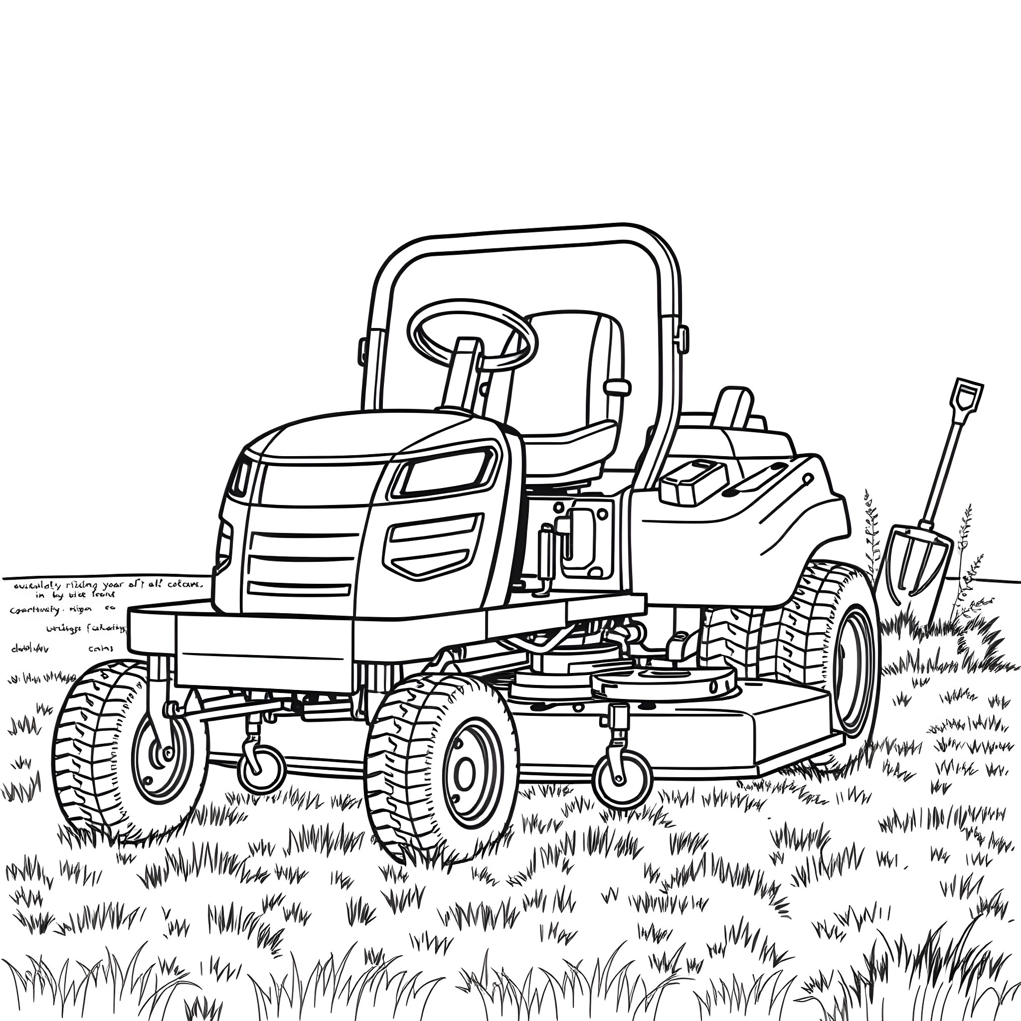Riding Mower Cutting Grass in Backyard Coloring Page (free black-and-white line drawing printable PDF for all, from beginners to advanced learners, including children, teens, adults, and seniors)