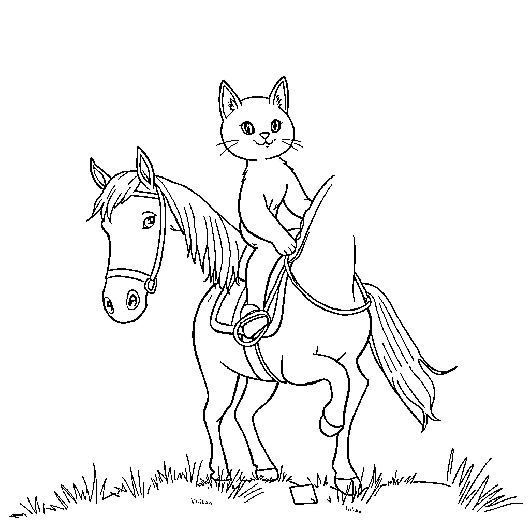Cat riding playfully on a horse Coloring Page (free black-and-white line drawing printable PDF for all, from beginners to advanced learners, including children, teens, adults, and seniors)