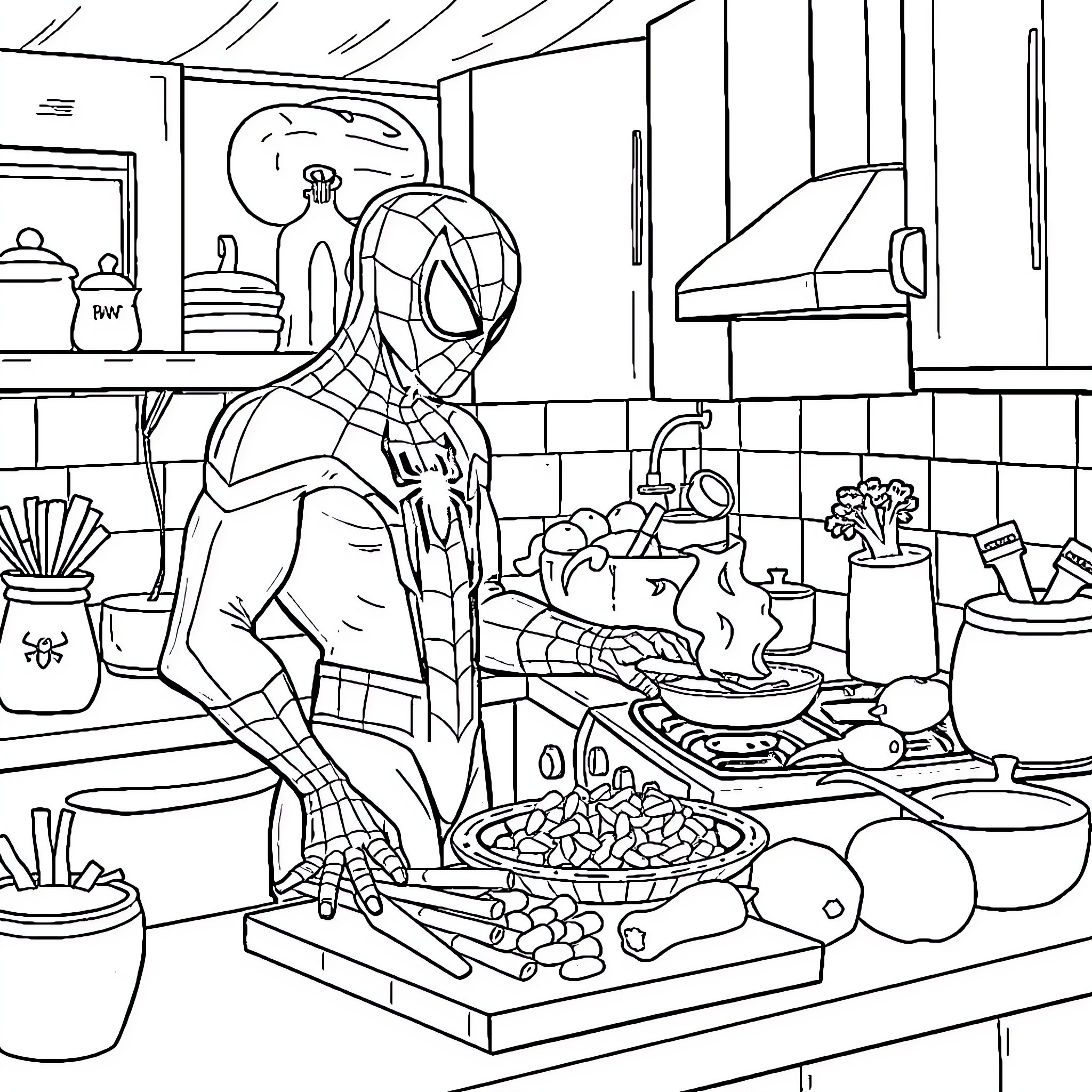 Spider-Man cooking in the kitchen Coloring Page (free black-and-white line drawing printable PDF for all, from beginners to advanced learners, including children, teens, adults, and seniors)
