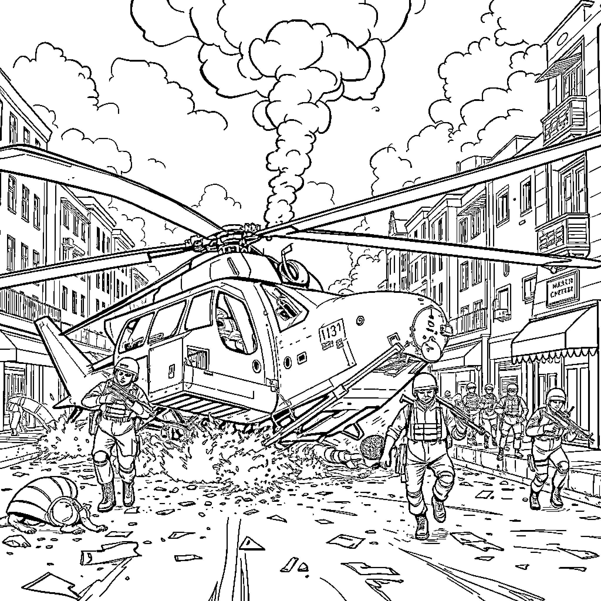 Blackhawk Helicopter Rescue Mission in Urban Disaster Scene Coloring Page (free black-and-white line drawing printable PDF for all, from beginners to advanced learners, including children, teens, adults, and seniors)