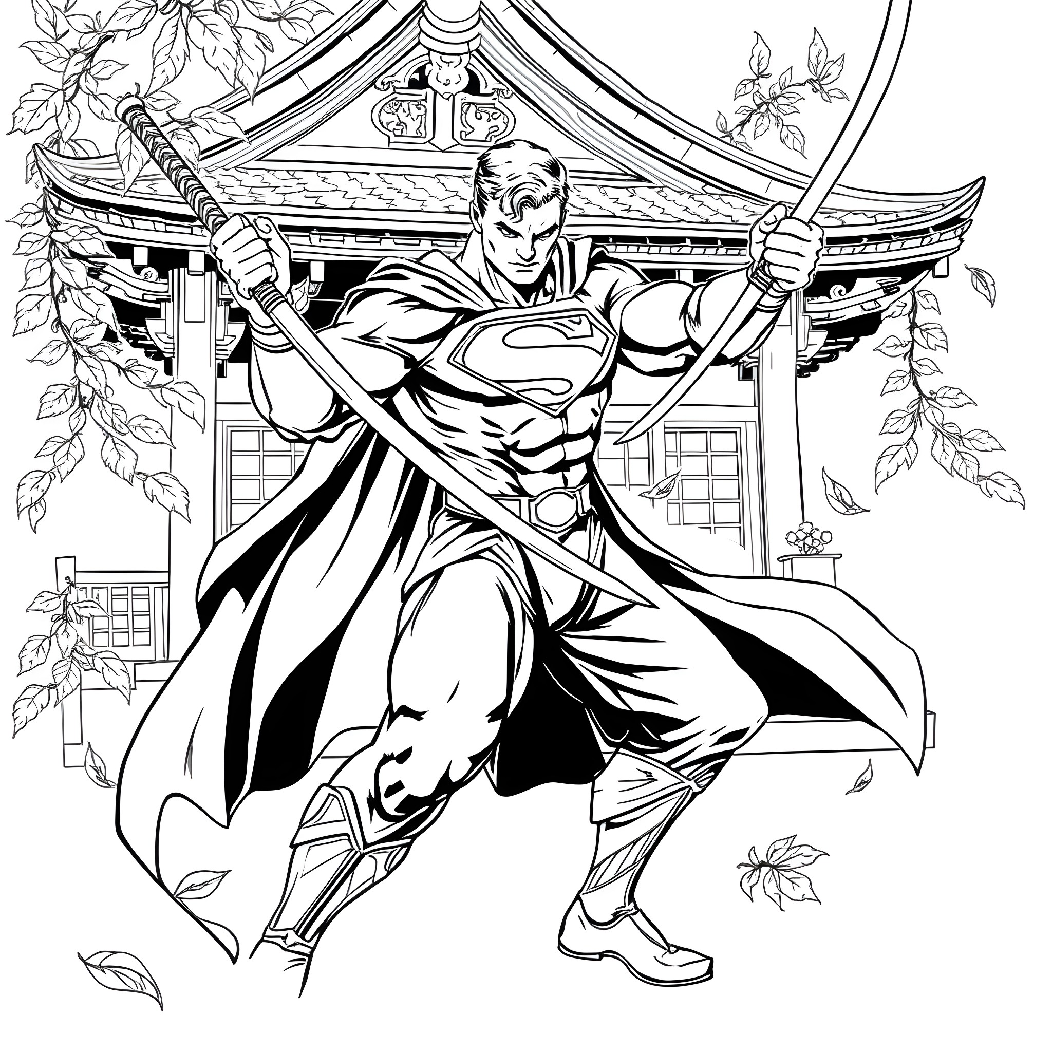 Superman in heroic pose within Japanese pagoda Coloring Page (free black-and-white line drawing printable PDF for all, from beginners to advanced learners, including children, teens, adults, and seniors)