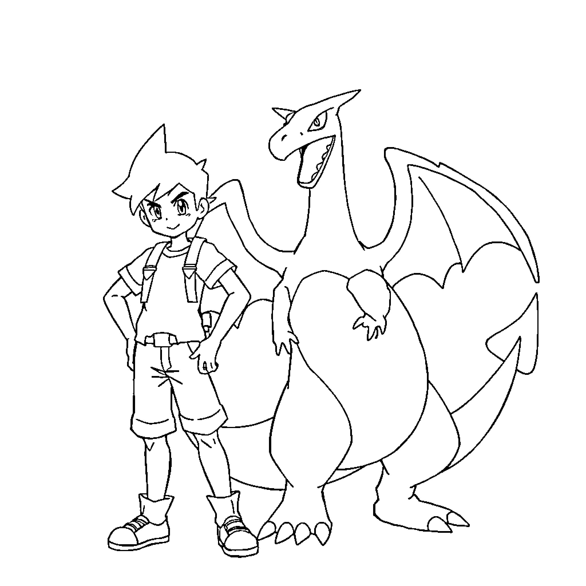 Charizard and Trainer in Adventure Coloring Page (free black-and-white line drawing printable PDF for all, from beginners to advanced learners, including children, teens, adults, and seniors)