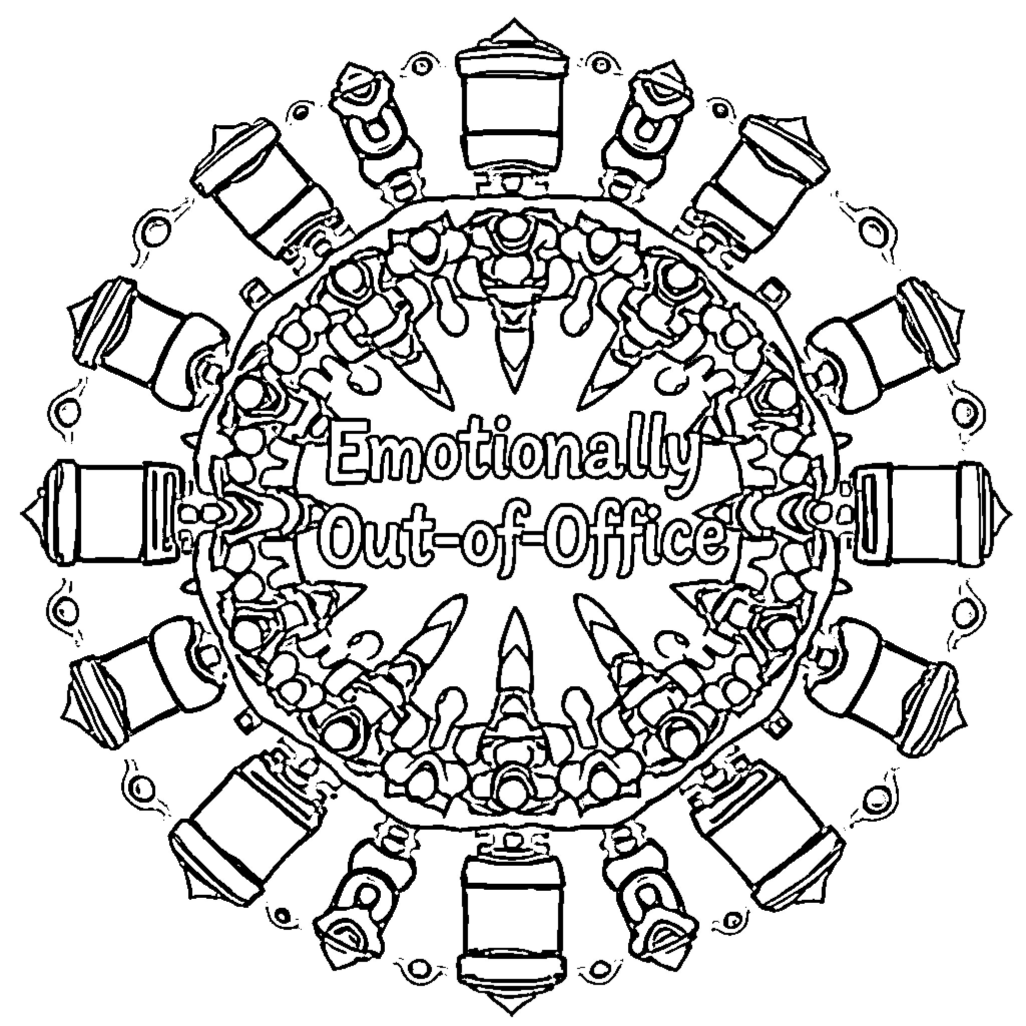 Mandala of Emotionally Out-of-Office Objects Coloring Page (free black-and-white line drawing printable PDF for all, from beginners to advanced learners, including children, teens, adults, and seniors)
