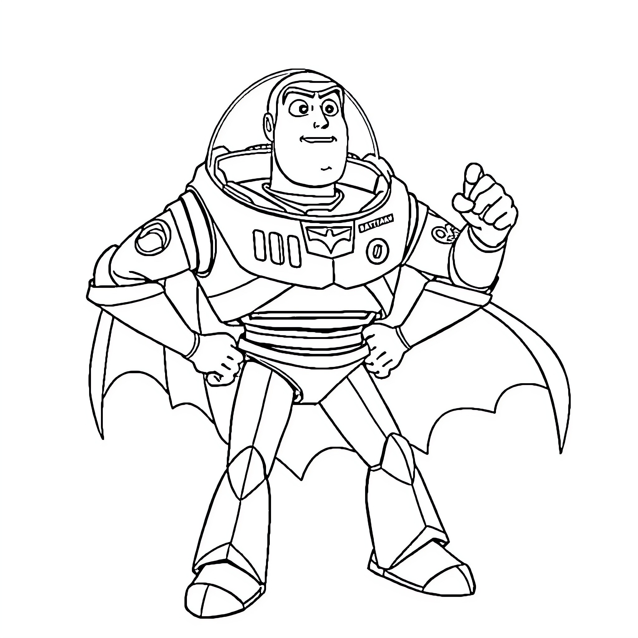 Buzz Lightyear poses with confidence and determination Coloring Page (free black-and-white line drawing printable PDF for all, from beginners to advanced learners, including children, teens, adults, and seniors)