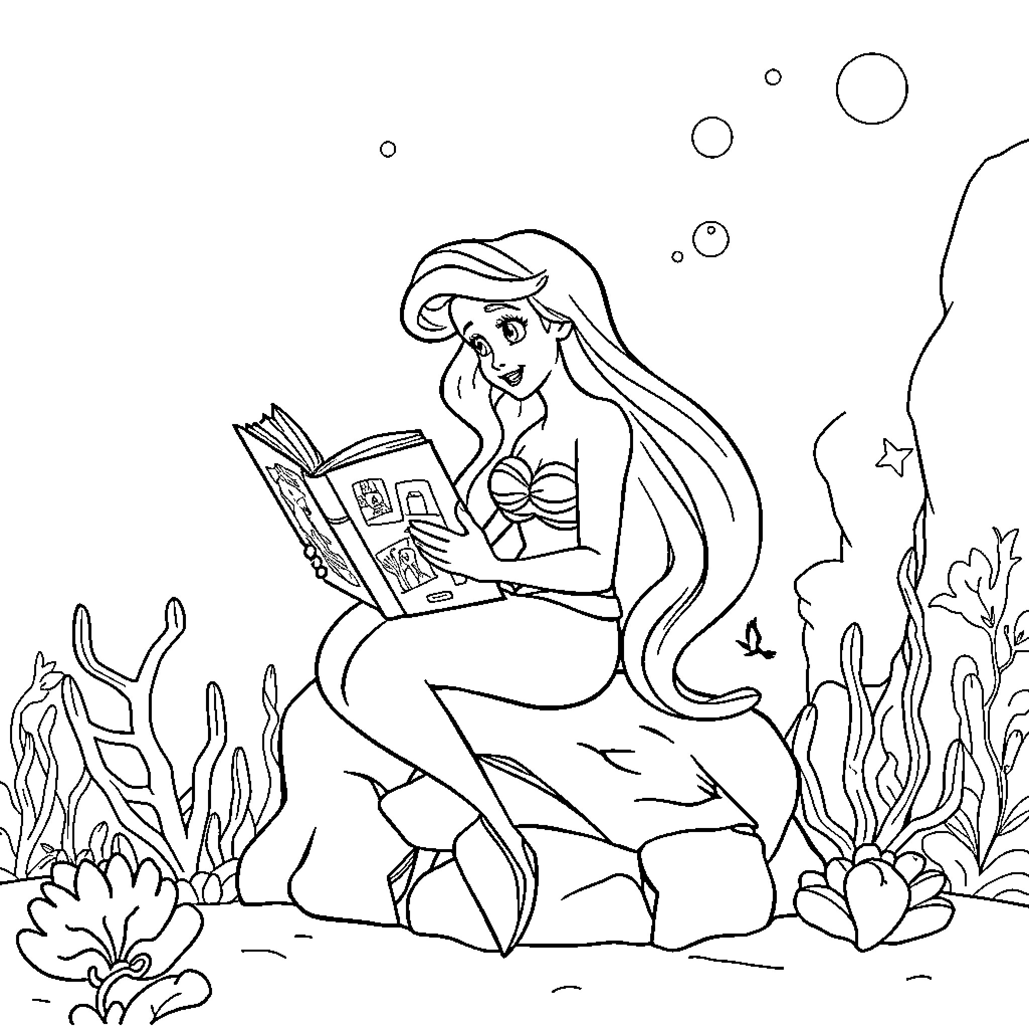 Princess reading a book in an underwater wonderland Coloring Page (free black-and-white line drawing printable PDF for all, from beginners to advanced learners, including children, teens, adults, and seniors)