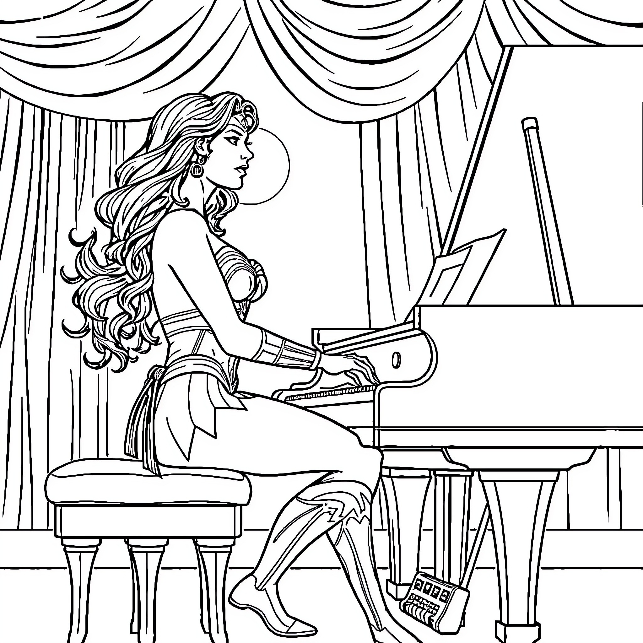 Wonder Woman Playing the Piano on a Theatrical Stage Coloring Page (free black-and-white line drawing printable PDF for all, from beginners to advanced learners, including children, teens, adults, and seniors)