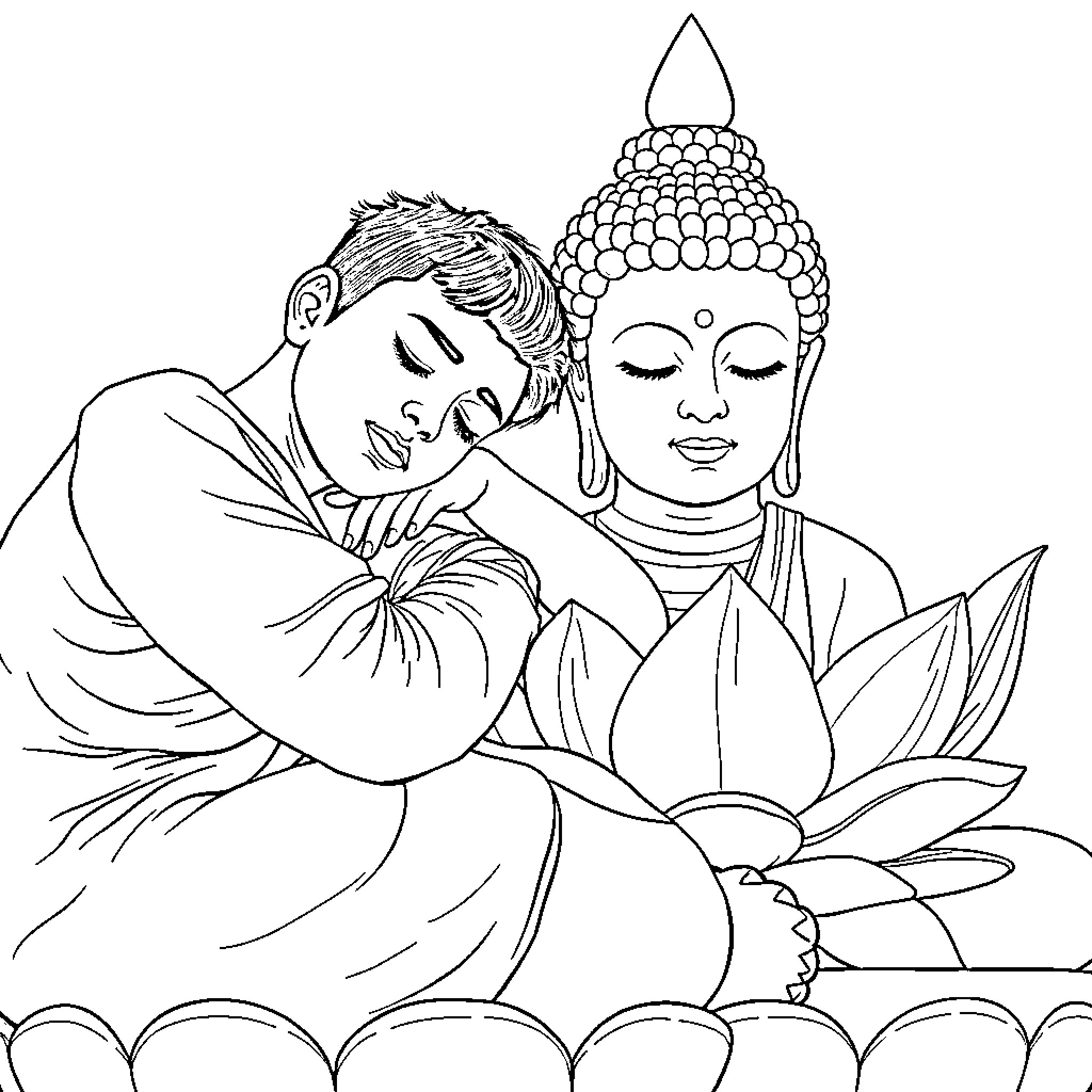 Buddha in a serene pose with lotus flower Coloring Page (free black-and-white line drawing printable PDF for all, from beginners to advanced learners, including children, teens, adults, and seniors)