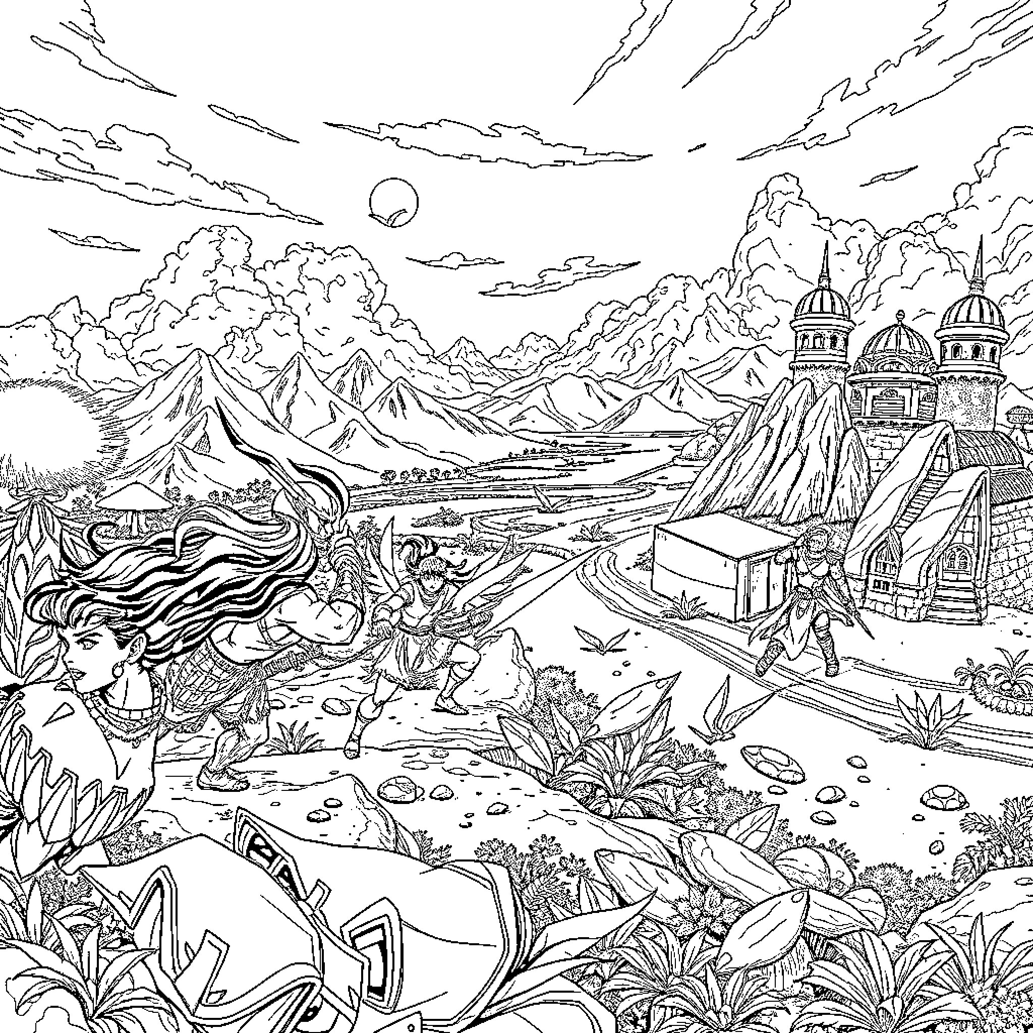 Saint Seiya: Warriors in Mystical Landscapes Coloring Page (free black-and-white line drawing printable PDF for all, from beginners to advanced learners, including children, teens, adults, and seniors)