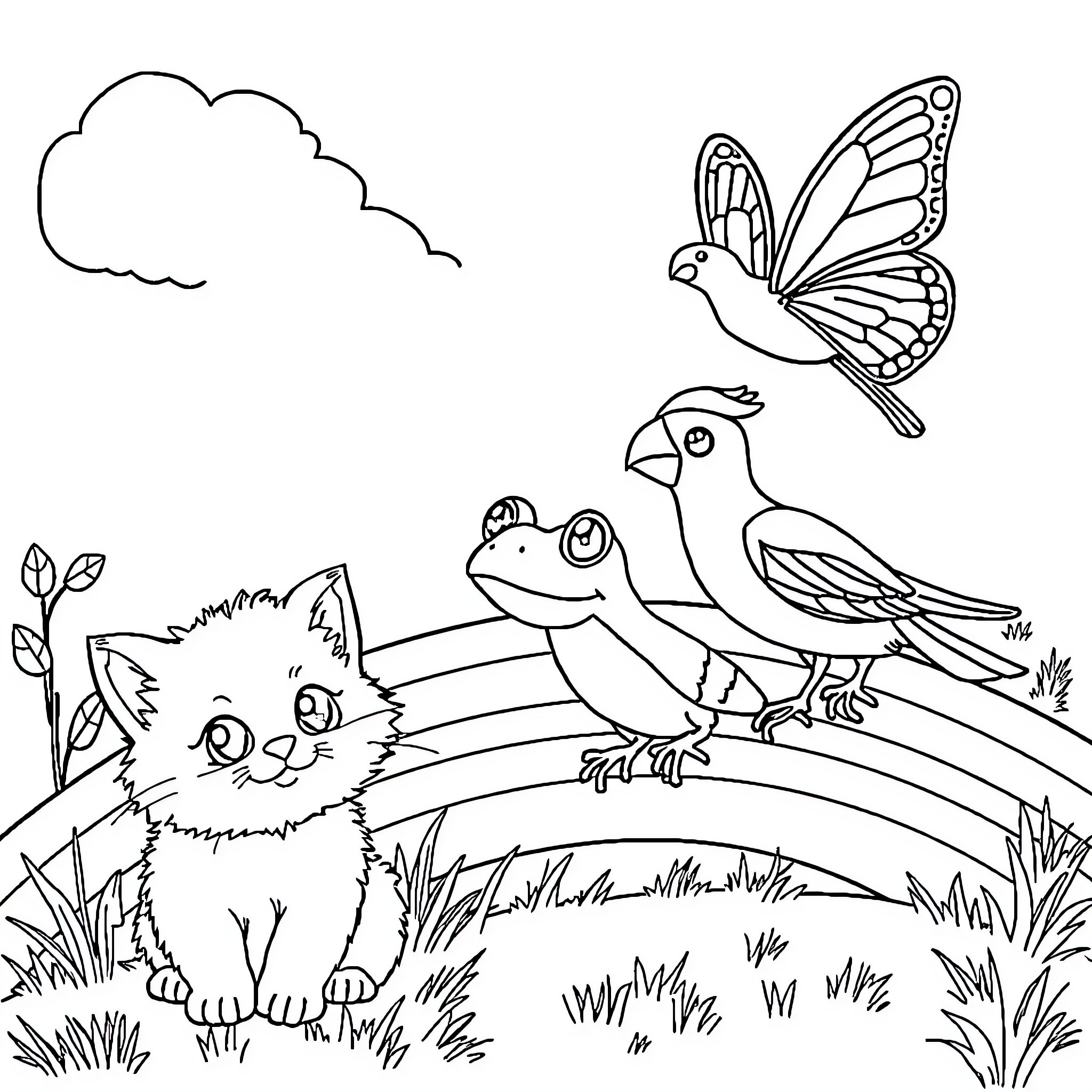 Cat and Animals Enjoying Outdoor Scene Coloring Page (free black-and-white line drawing printable PDF for all, from beginners to advanced learners, including children, teens, adults, and seniors)