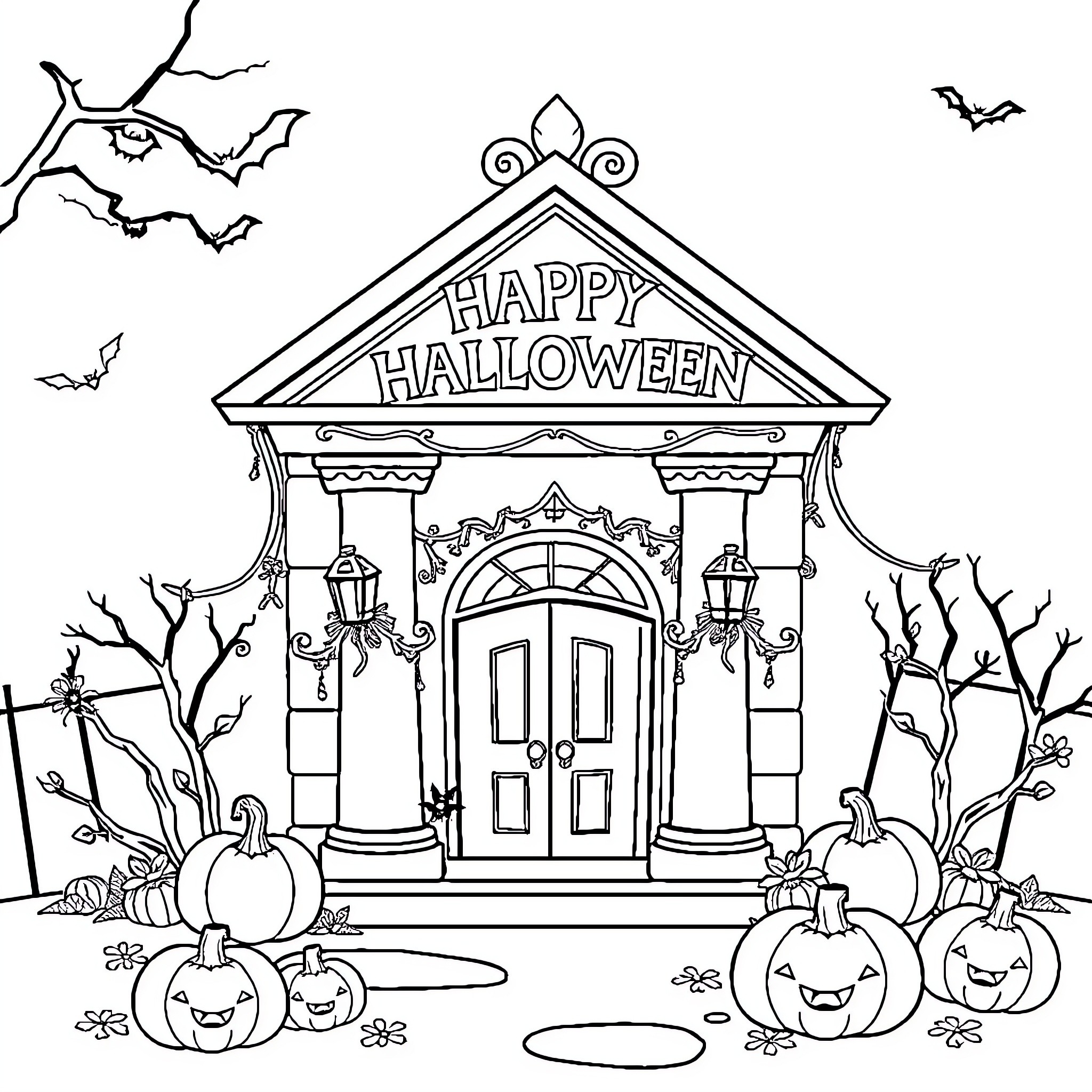 Halloween Haunted House with Pumpkins and Bats Coloring Page (free black-and-white line drawing printable PDF for all, from beginners to advanced learners, including children, teens, adults, and seniors)