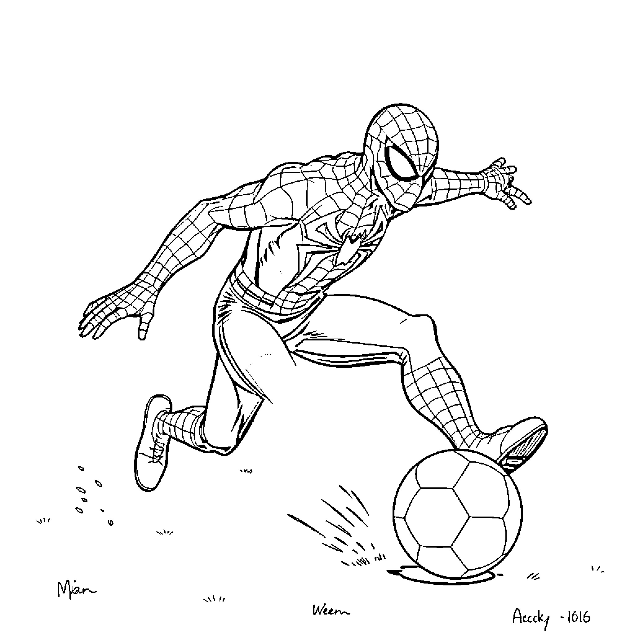 Spider-Man playing football on a field Coloring Page (free black-and-white line drawing printable PDF for all, from beginners to advanced learners, including children, teens, adults, and seniors)