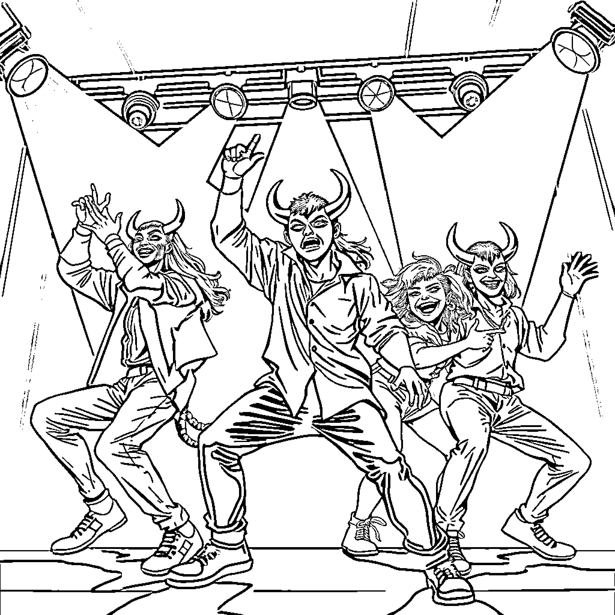 Demon Hunters Performing on Stage Coloring Page (free black-and-white line drawing printable PDF for all, from beginners to advanced learners, including children, teens, adults, and seniors)