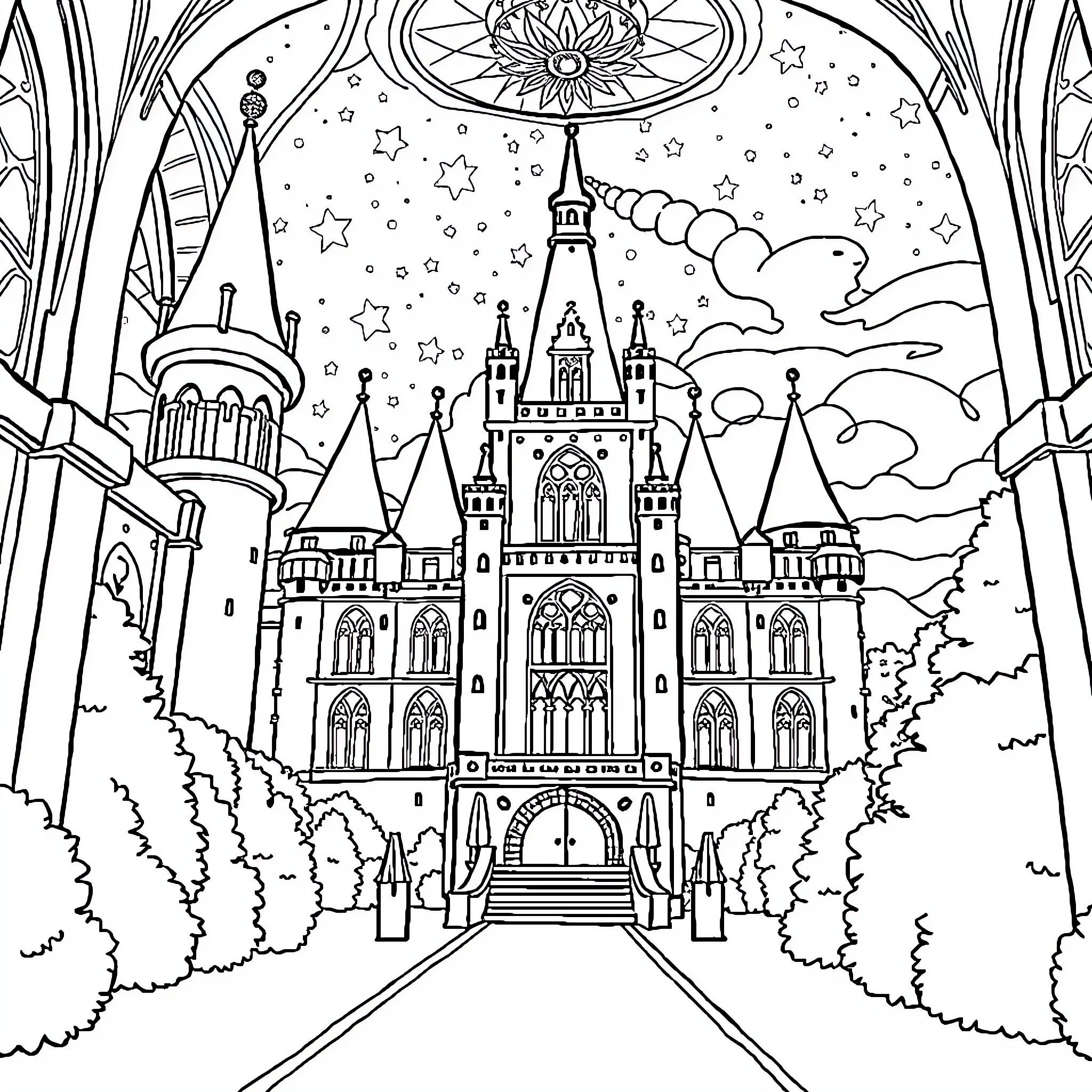 Unicorn Castle Dream in the Starry Night Coloring Page (free black-and-white line drawing printable PDF for all, from beginners to advanced learners, including children, teens, adults, and seniors)