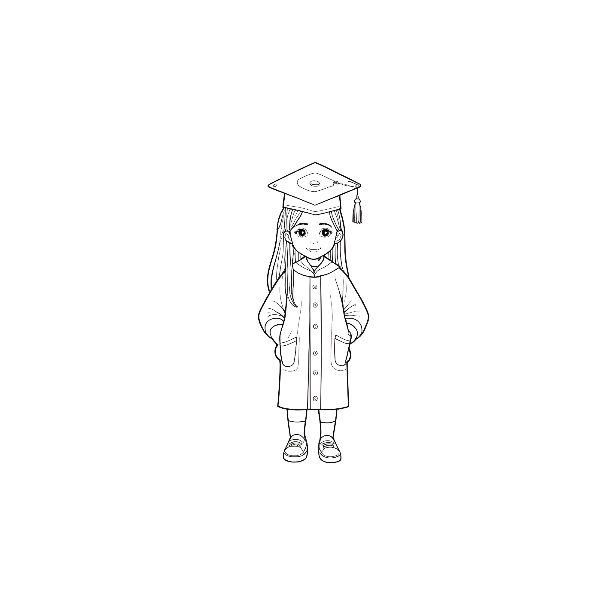 Girl in graduation gown and cap Coloring Page (free black-and-white line drawing printable PDF for all, from beginners to advanced learners, including children, teens, adults, and seniors)