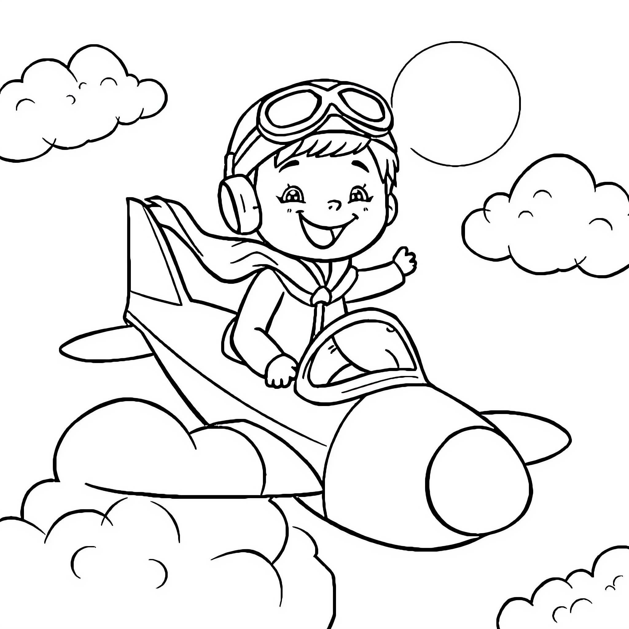 Pilot flying joyfully in the sky Coloring Page (free black-and-white line drawing printable PDF for all, from beginners to advanced learners, including children, teens, adults, and seniors)