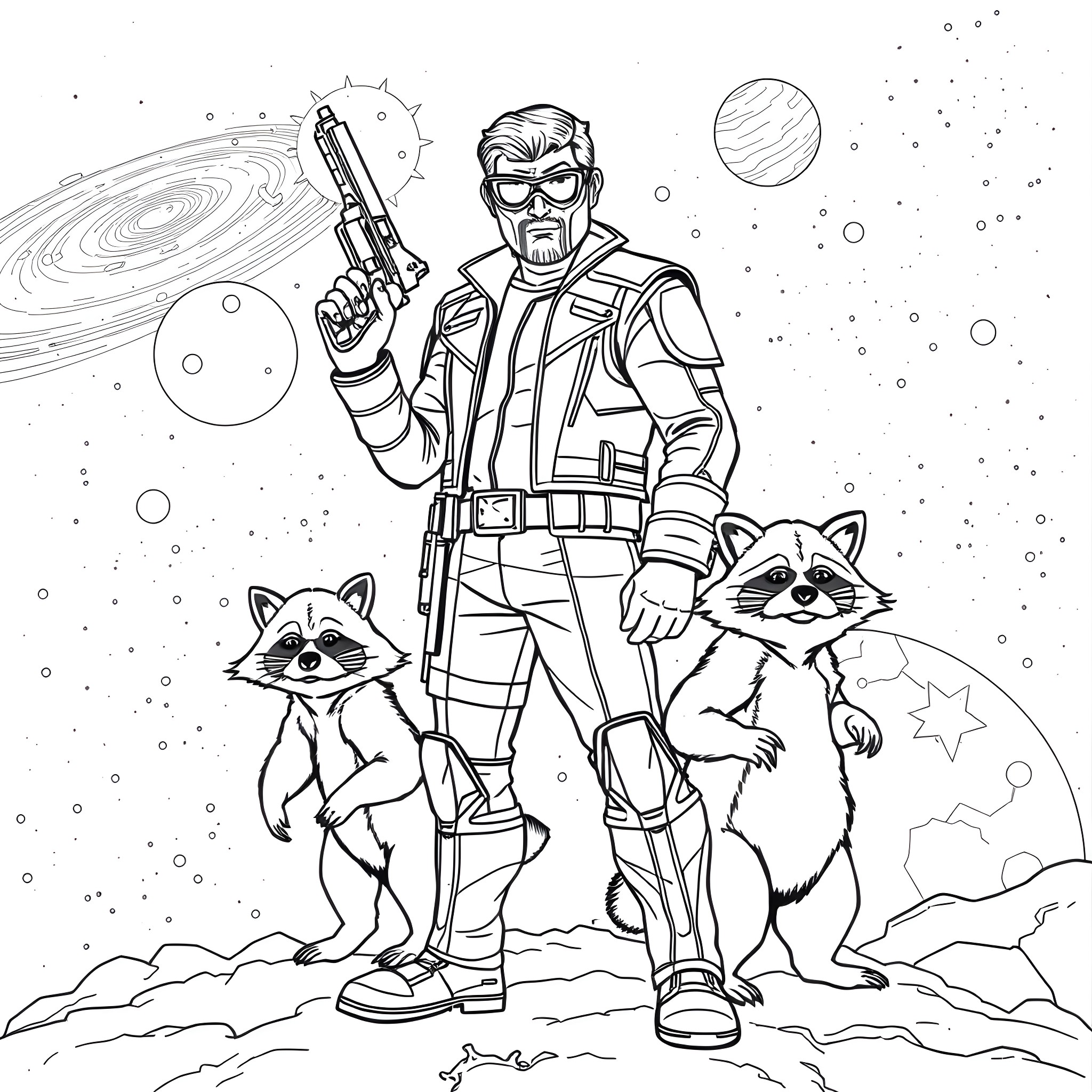 Star Lord in Outer Space with Companions Coloring Page (free black-and-white line drawing printable PDF for all, from beginners to advanced learners, including children, teens, adults, and seniors)