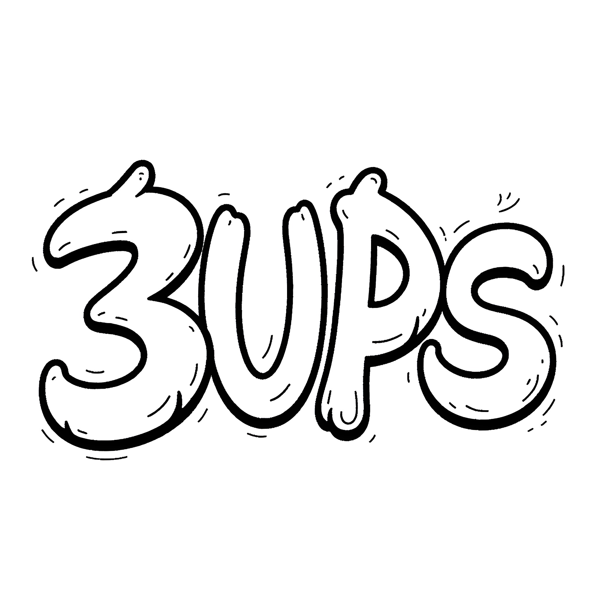 3UPS Playful Lettering Coloring Page (free black-and-white line drawing printable PDF for all, from beginners to advanced learners, including children, teens, adults, and seniors)