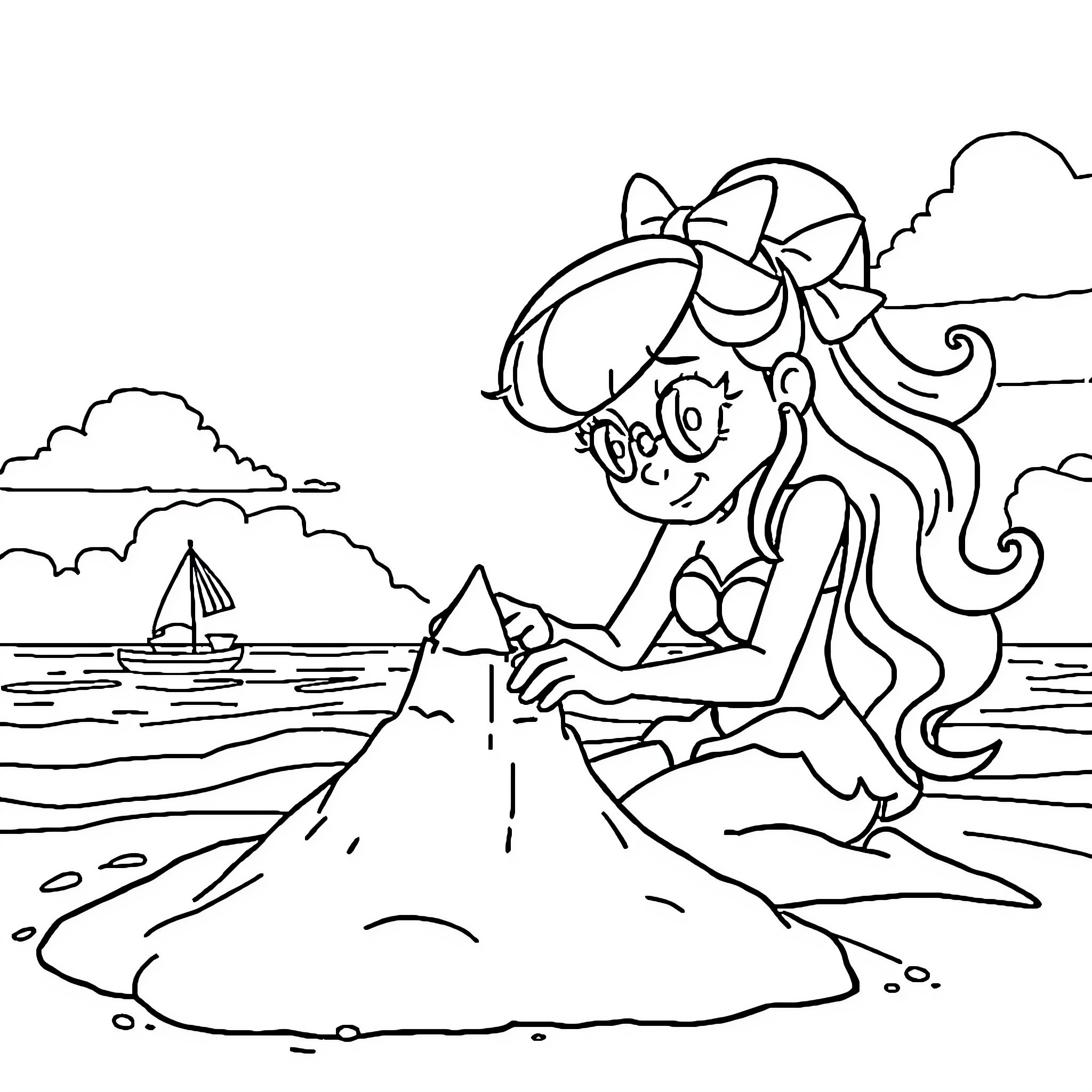 Marinette enjoying a sunny day at the beach Coloring Page (free black-and-white line drawing printable PDF for all, from beginners to advanced learners, including children, teens, adults, and seniors)