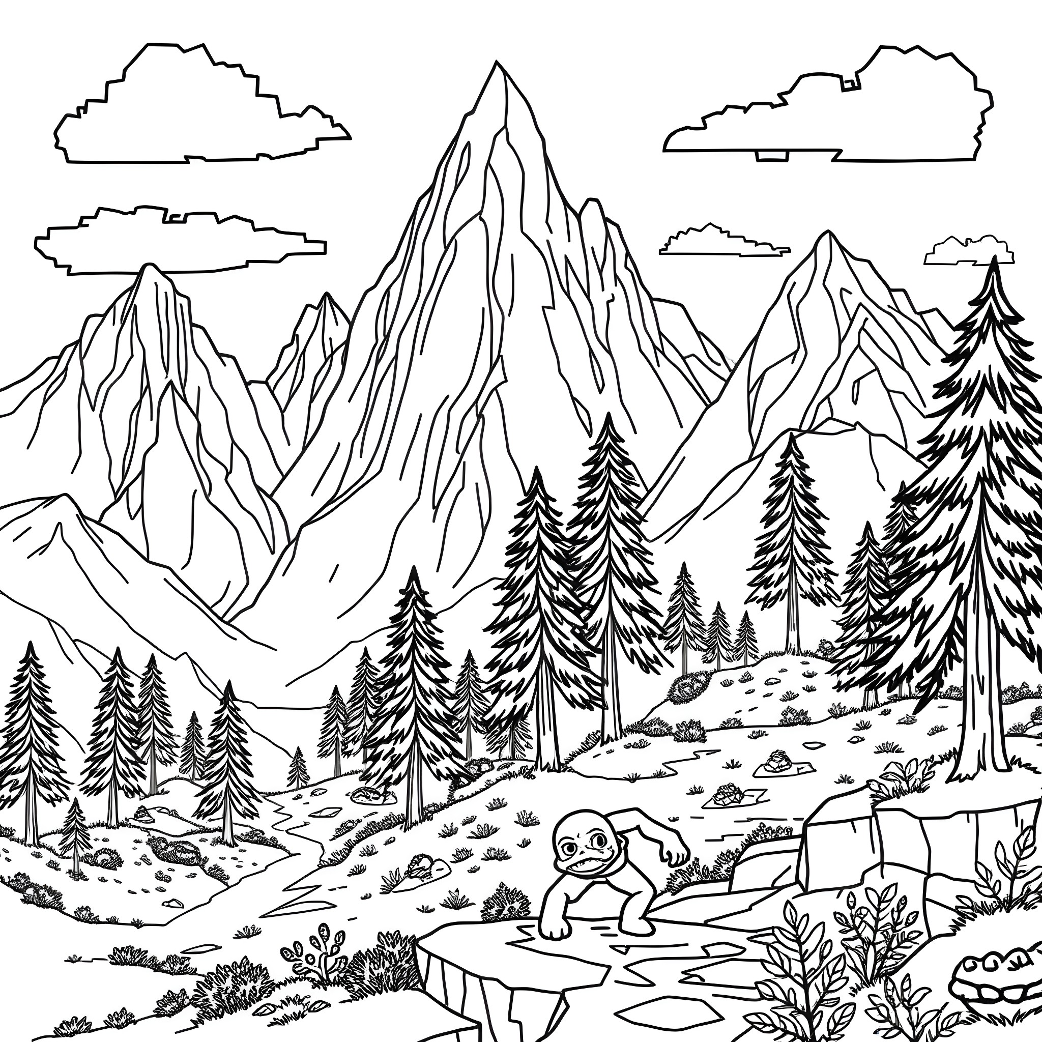 Creeper exploring the grand mountain landscape Coloring Page (free black-and-white line drawing printable PDF for all, from beginners to advanced learners, including children, teens, adults, and seniors)