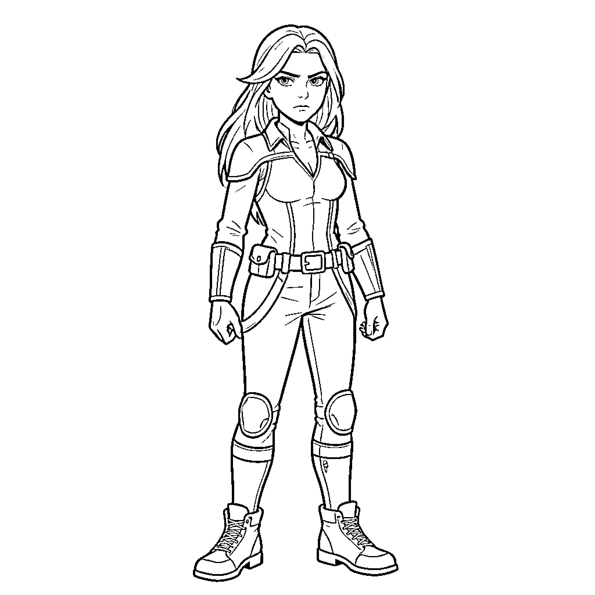 Verity standing confidently in superhero tactical gear Coloring Page (free black-and-white line drawing printable PDF for all, from beginners to advanced learners, including children, teens, adults, and seniors)