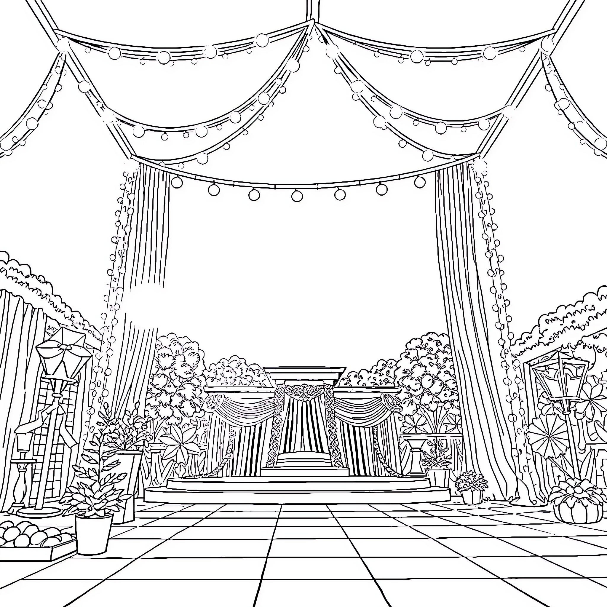 Stage set with decorative drapery and floral arrangements Coloring Page (free black-and-white line drawing printable PDF for all, from beginners to advanced learners, including children, teens, adults, and seniors)