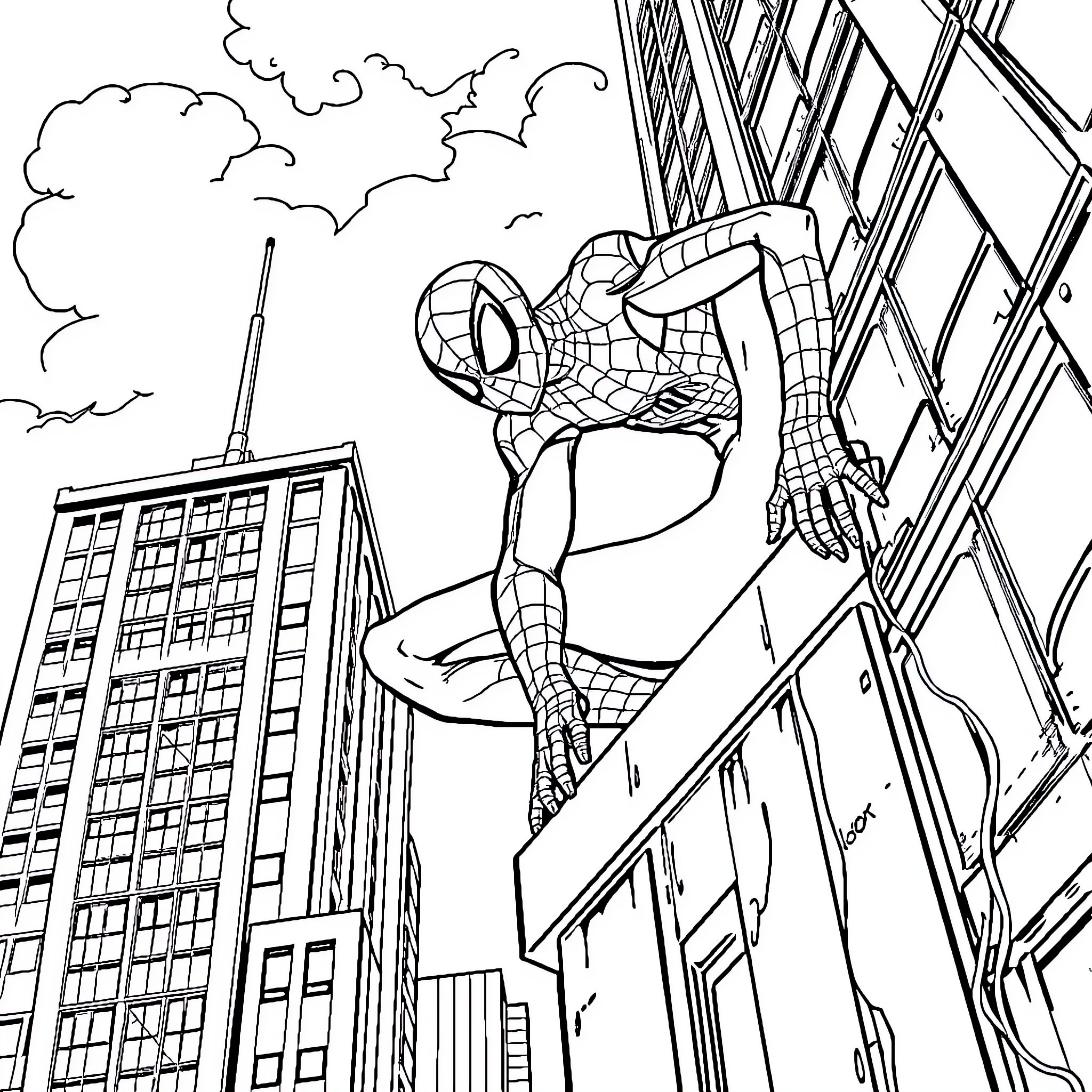 Spiderman swinging through the city skyline Coloring Page (free black-and-white line drawing printable PDF for all, from beginners to advanced learners, including children, teens, adults, and seniors)