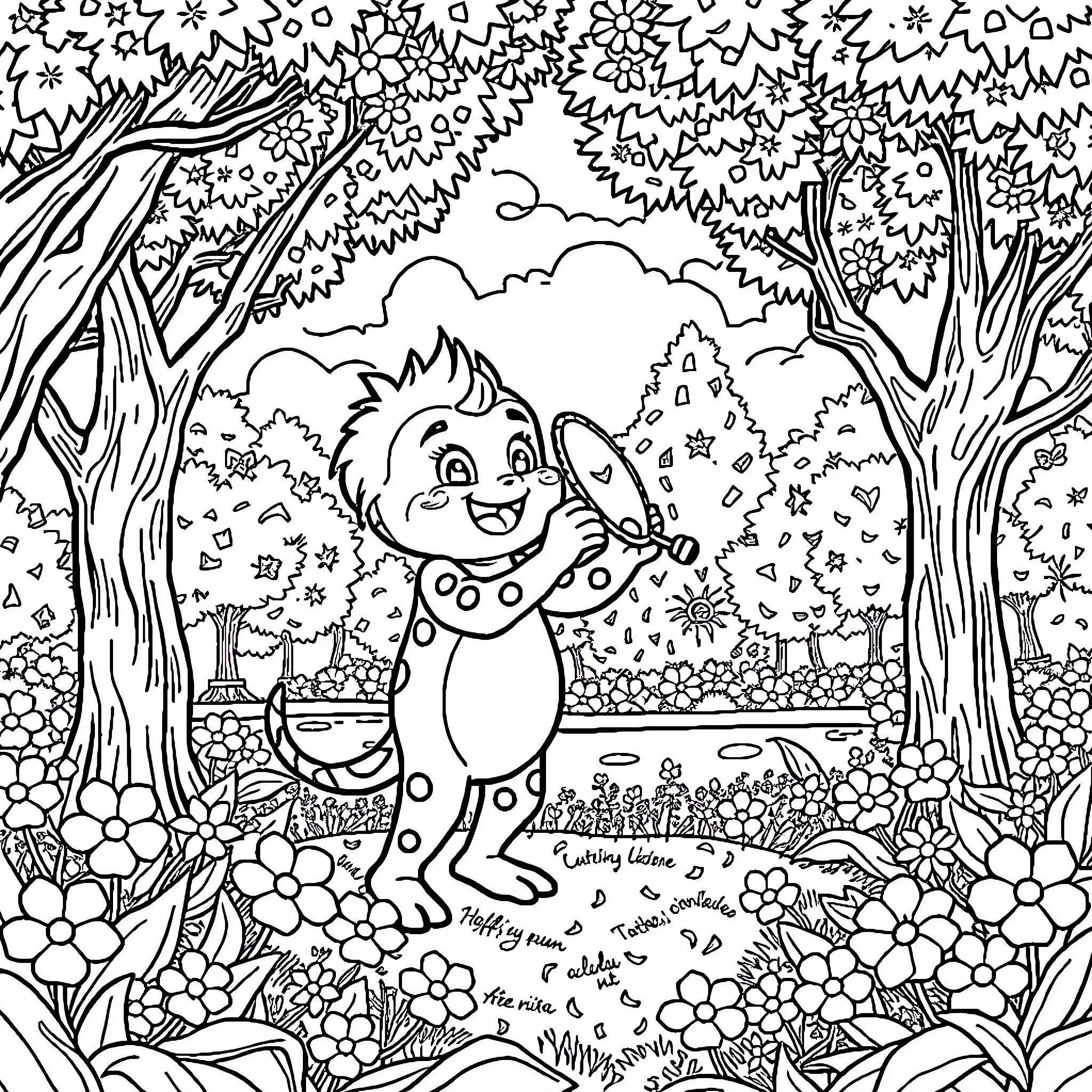 Labubu exploring the enchanted forest Coloring Page (free black-and-white line drawing printable PDF for all, from beginners to advanced learners, including children, teens, adults, and seniors)