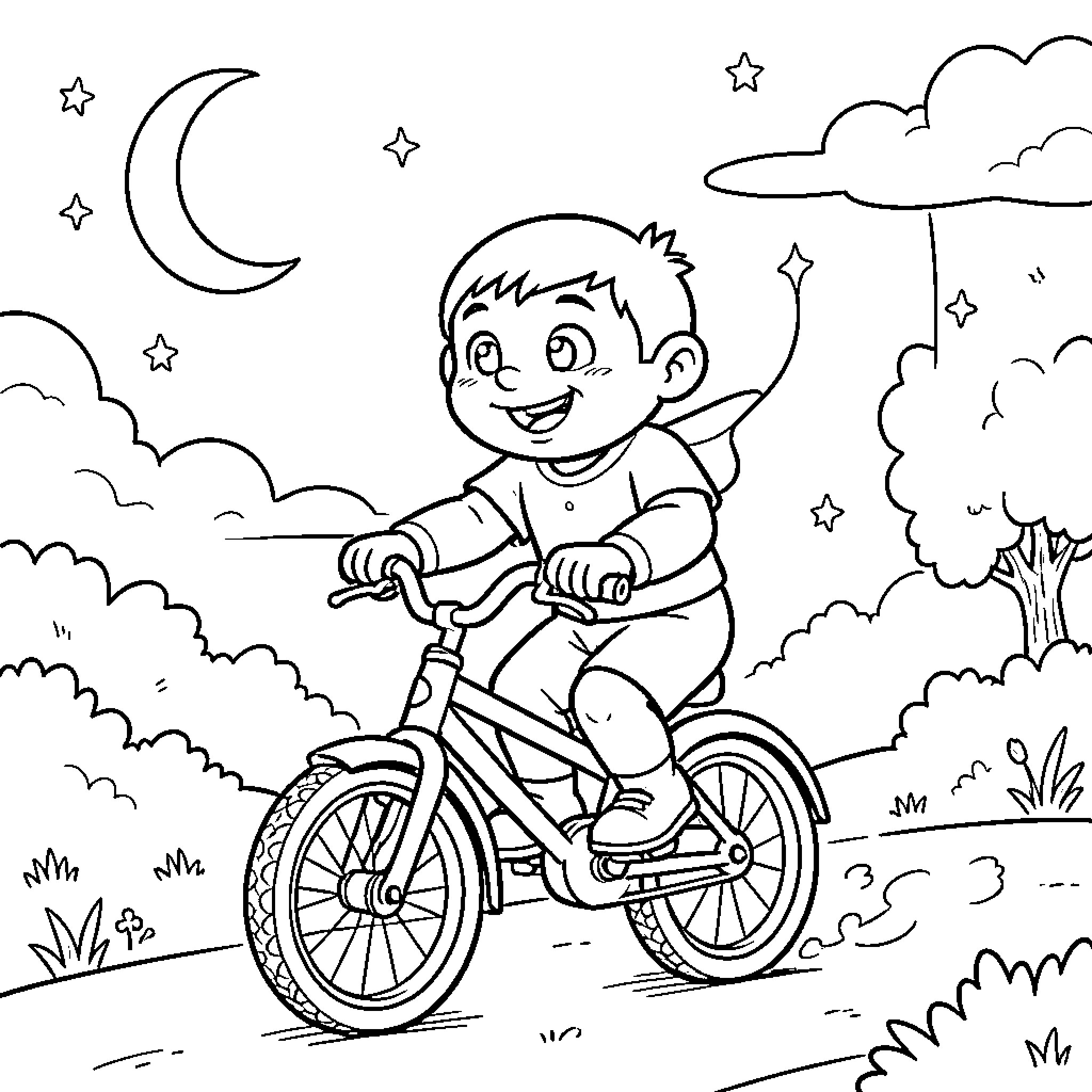 ET Boy riding bicycle under the starry night sky Coloring Page (free black-and-white line drawing printable PDF for all, from beginners to advanced learners, including children, teens, adults, and seniors)
