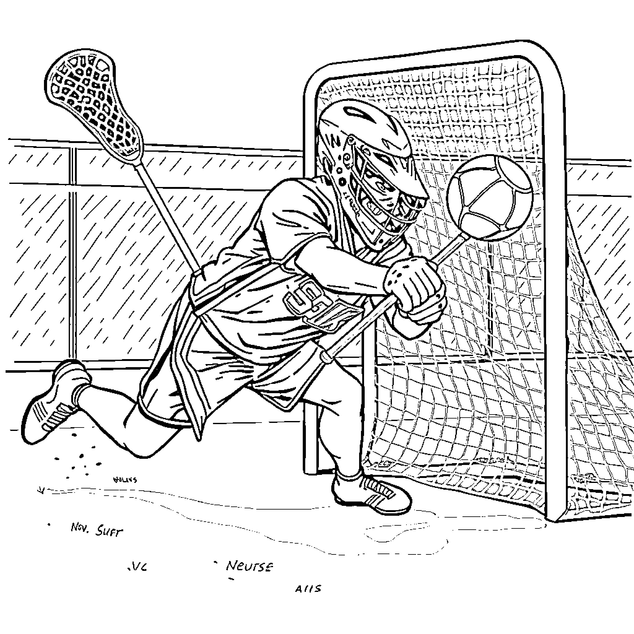 Goalie protecting the net with determination Coloring Page (free black-and-white line drawing printable PDF for all, from beginners to advanced learners, including children, teens, adults, and seniors)