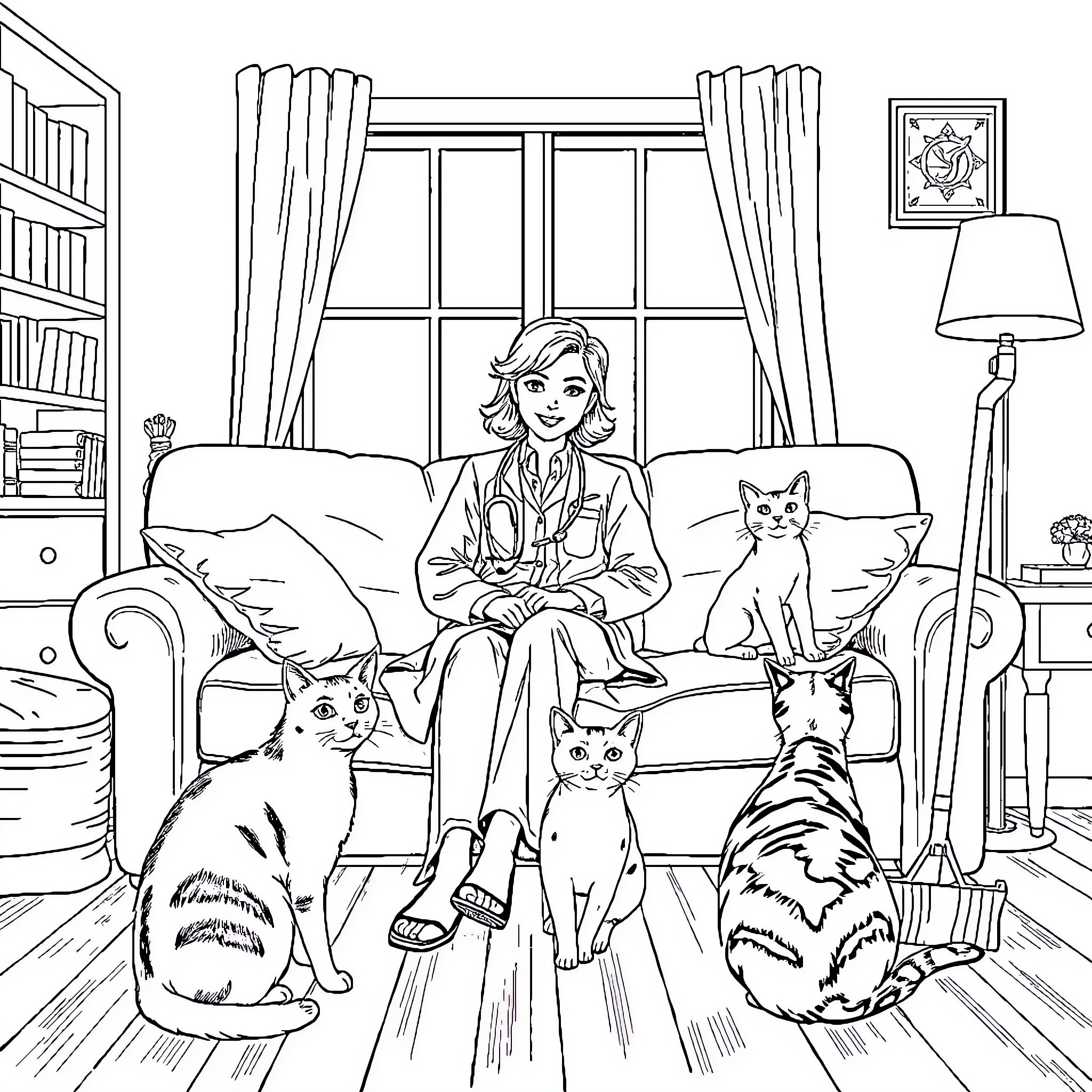 Doctor Treats Her Feline Patients Kindly Coloring Page (free black-and-white line drawing printable PDF for all, from beginners to advanced learners, including children, teens, adults, and seniors)