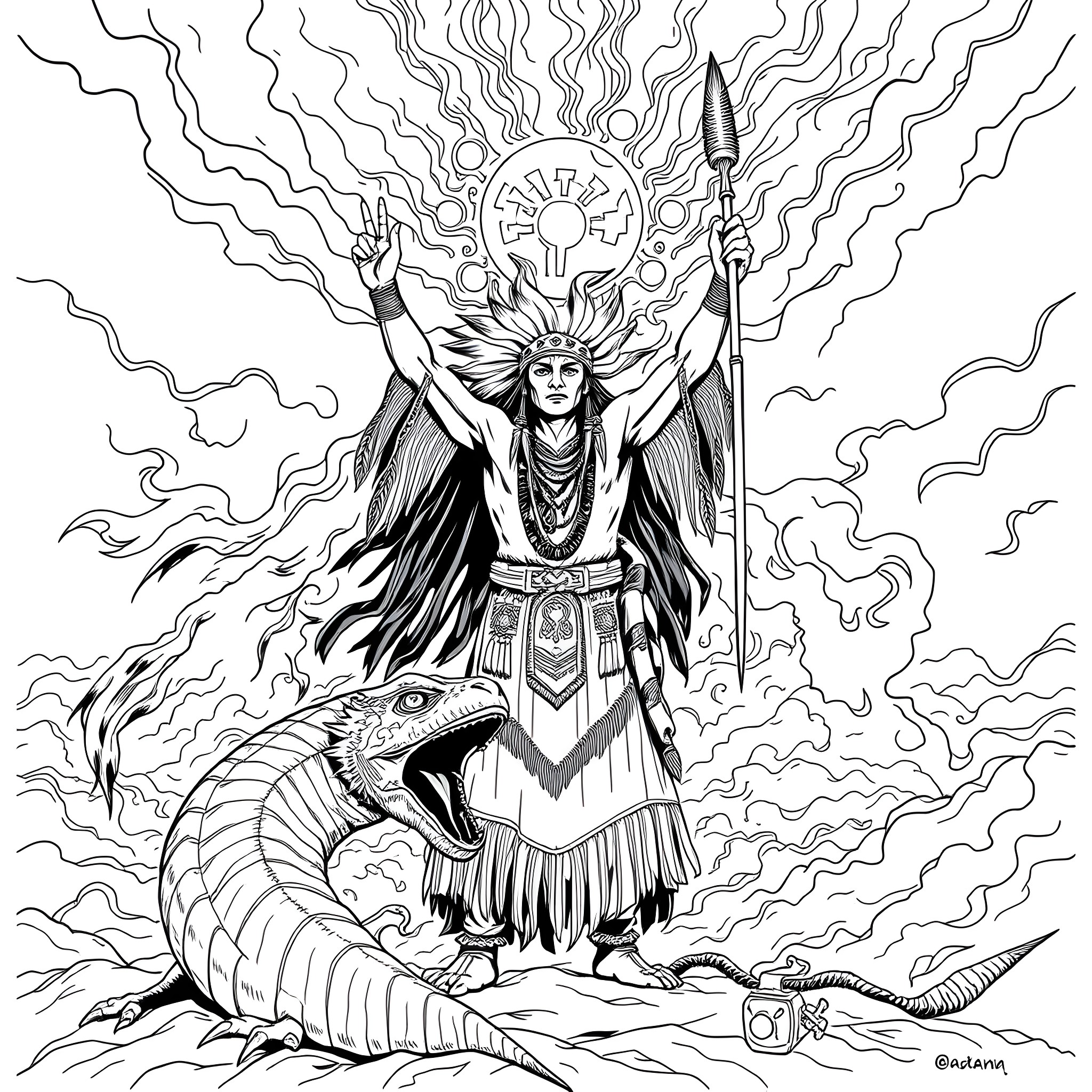Cherokee Spirit Warrior Wielding Spear and Commanding Serpent Coloring Page (free black-and-white line drawing printable PDF for all, from beginners to advanced learners, including children, teens, adults, and seniors)