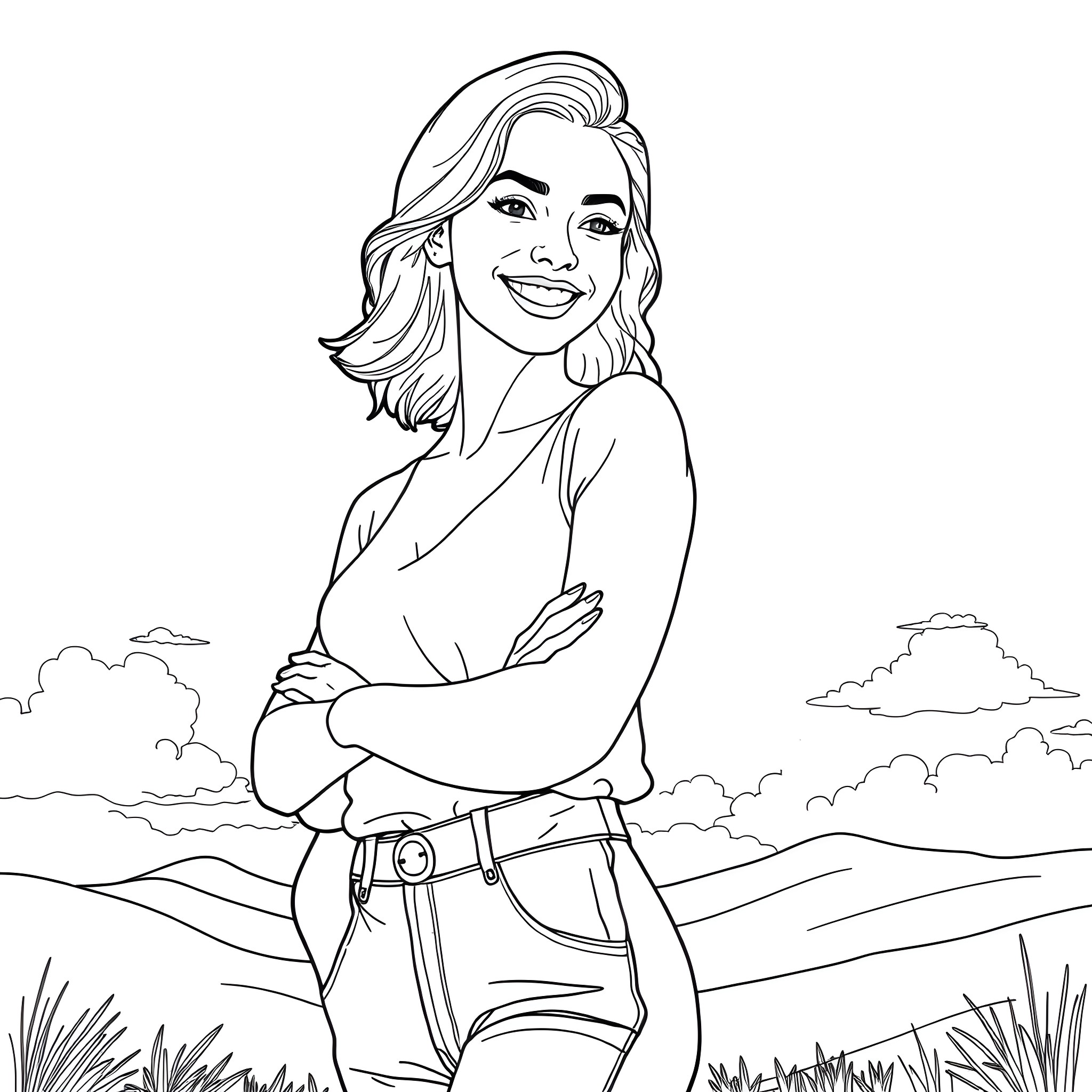 Girl standing confidently in a scenic outdoor setting Coloring Page (free black-and-white line drawing printable PDF for all, from beginners to advanced learners, including children, teens, adults, and seniors)