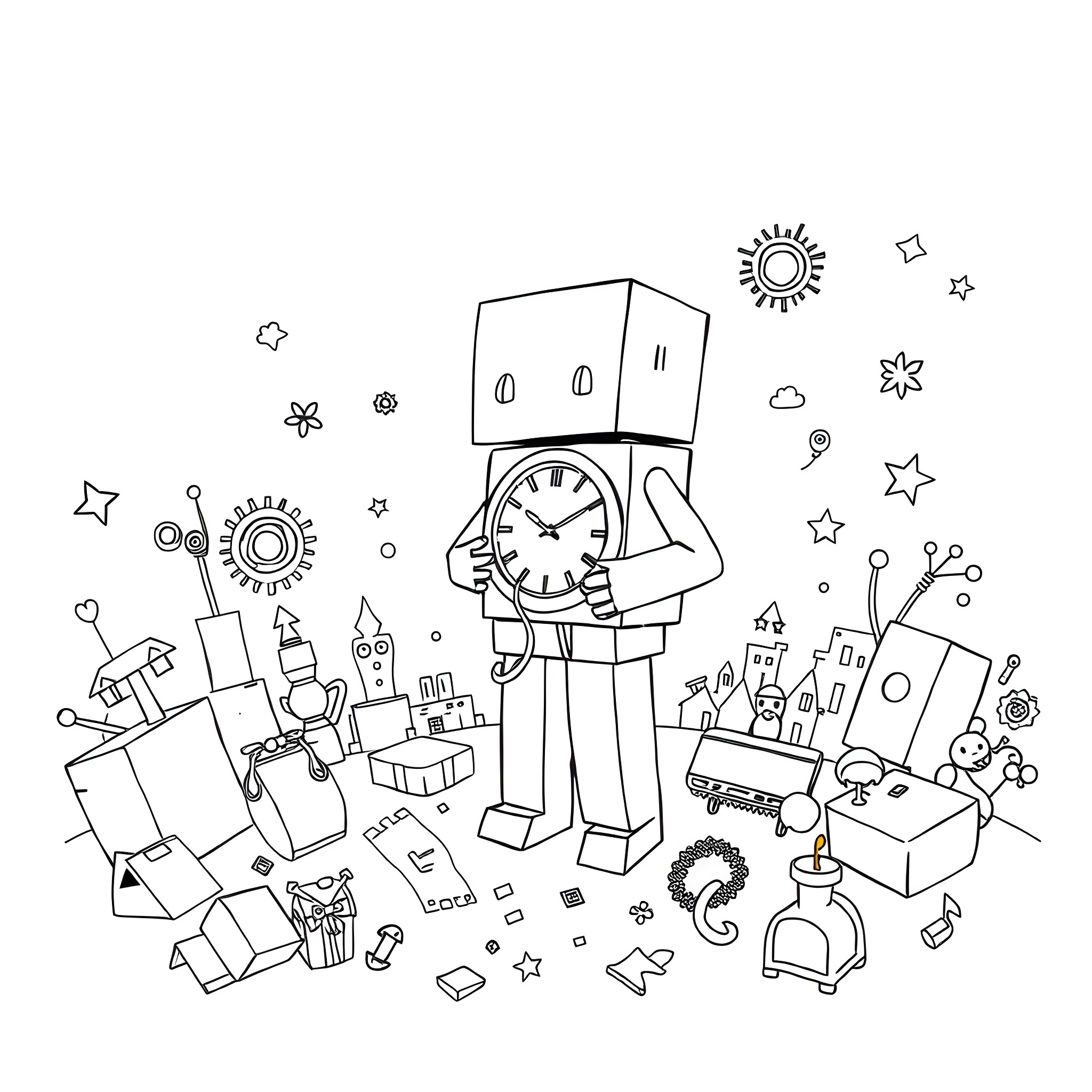 Man holding a clock in a whimsical, surreal scene Coloring Page (free black-and-white line drawing printable PDF for all, from beginners to advanced learners, including children, teens, adults, and seniors)