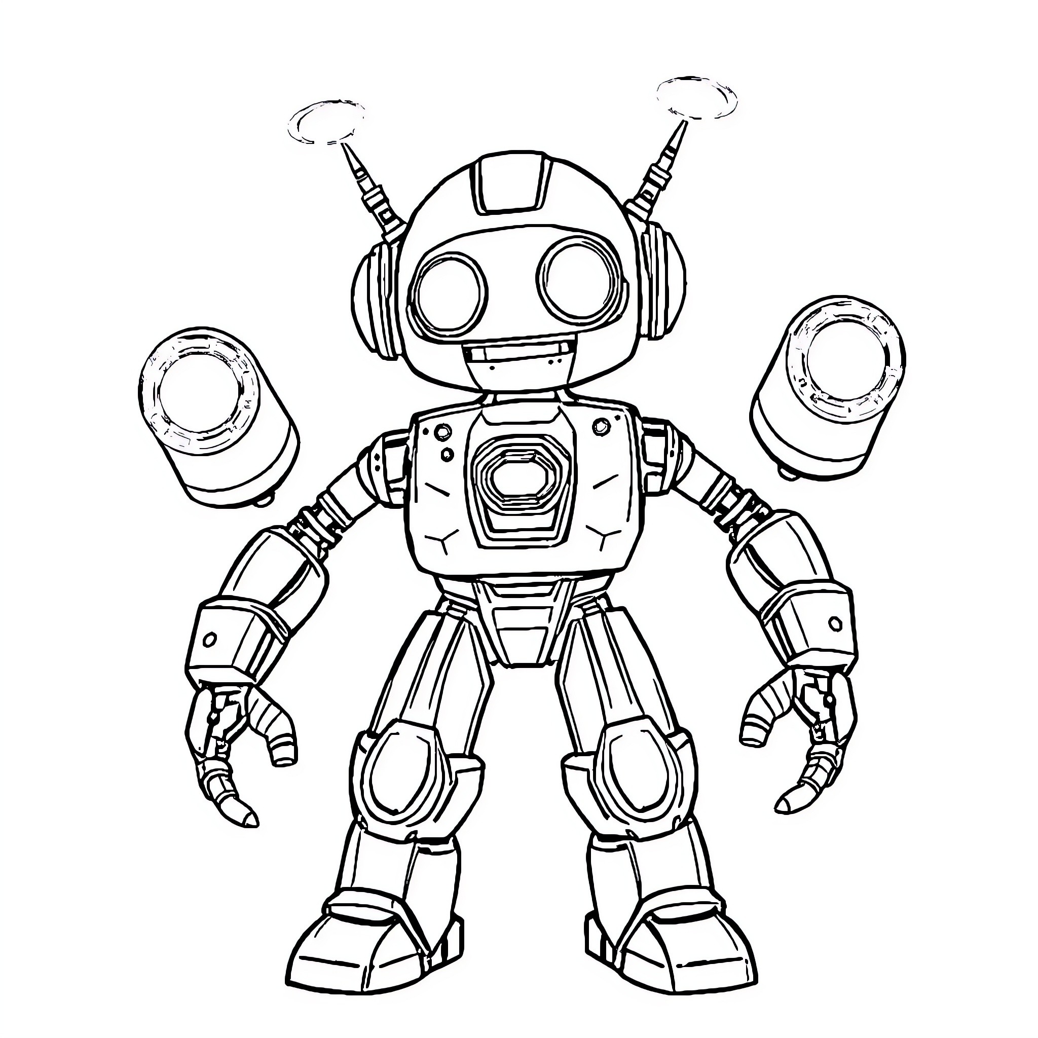 Robot with Outstretched Arms and Friendly Expression Coloring Page (free black-and-white line drawing printable PDF for all, from beginners to advanced learners, including children, teens, adults, and seniors)