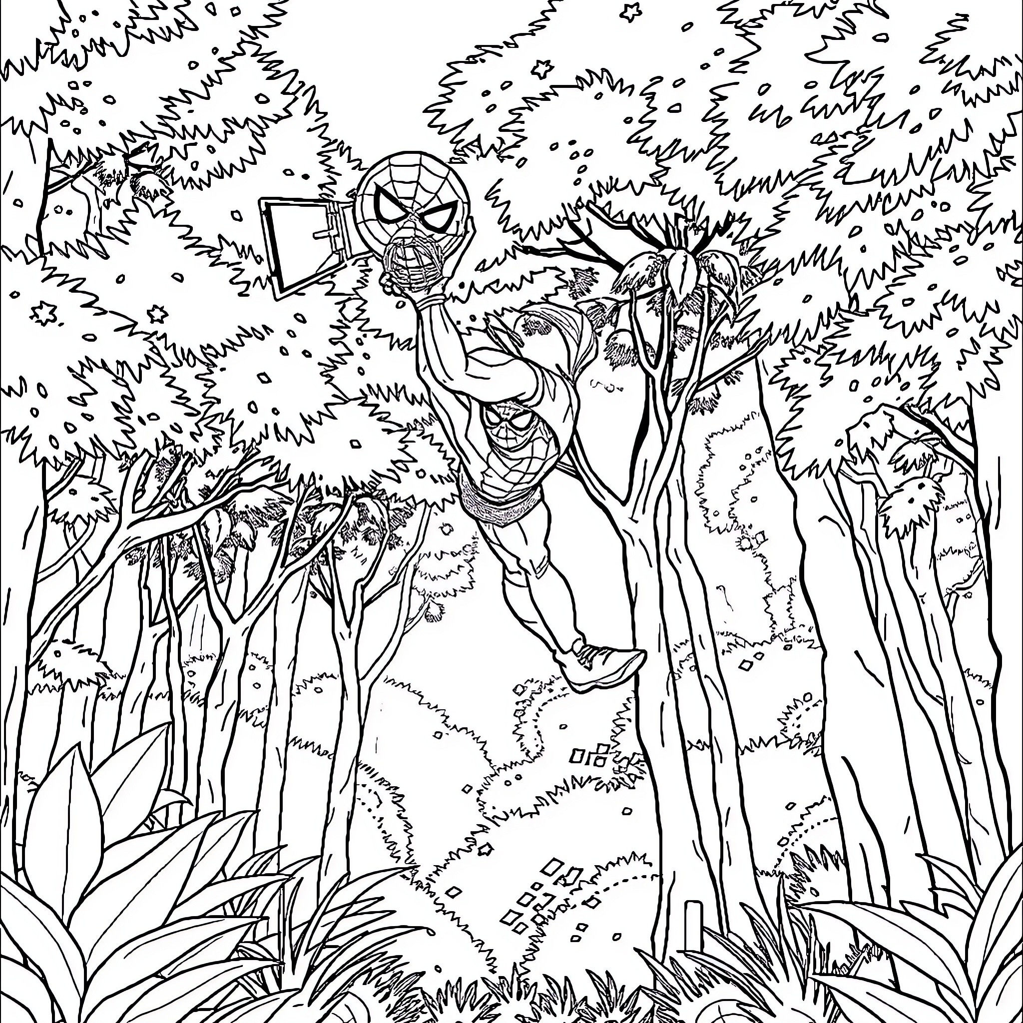 Spiderman swinging through the lush forest Coloring Page (free black-and-white line drawing printable PDF for all, from beginners to advanced learners, including children, teens, adults, and seniors)