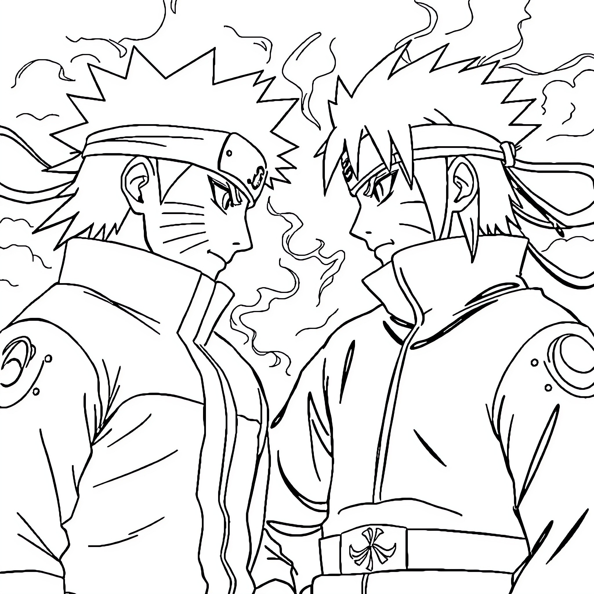 Naruto characters in intense confrontation Coloring Page (free black-and-white line drawing printable PDF for all, from beginners to advanced learners, including children, teens, adults, and seniors)