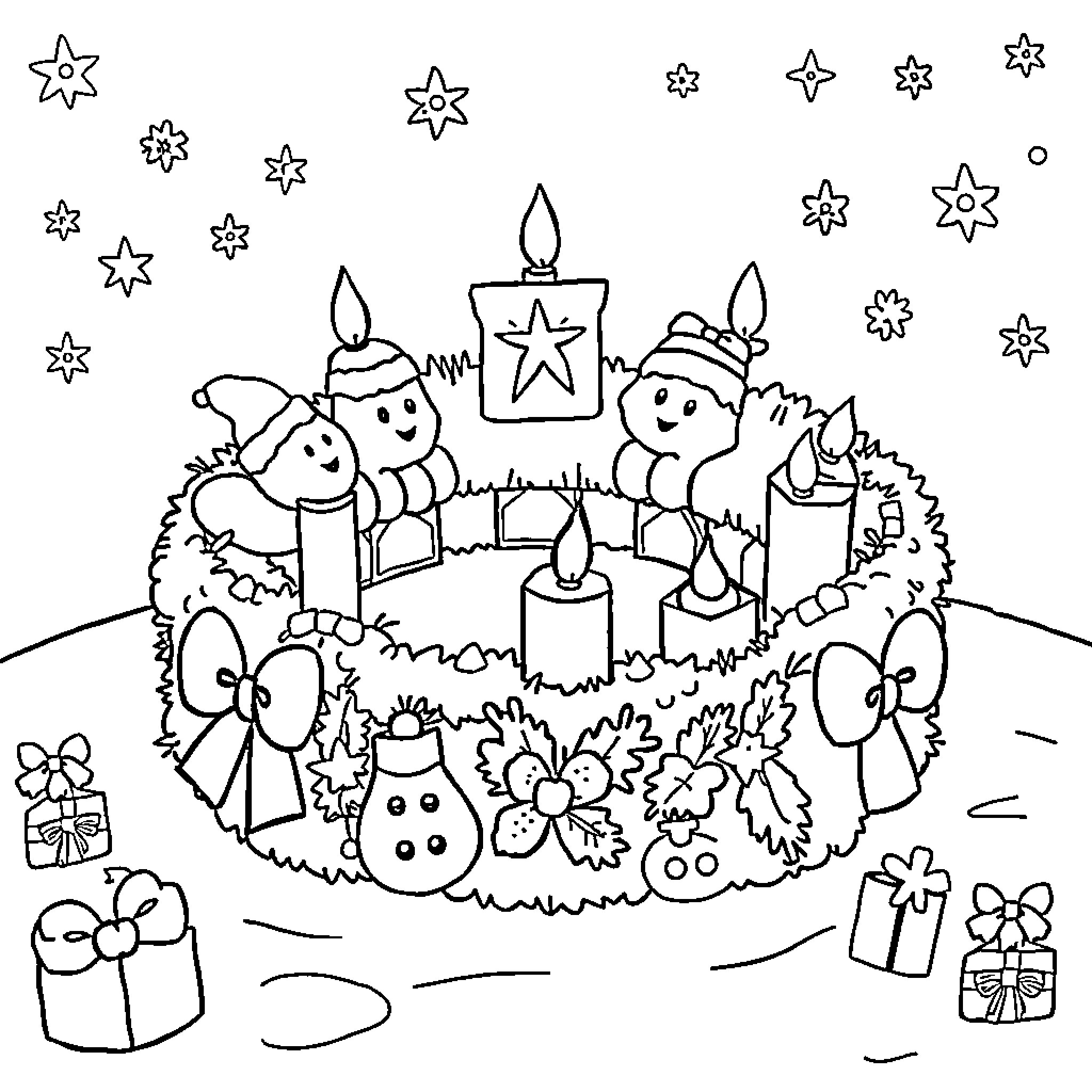 Advent Wreath with Joyful Figures Coloring Page (free black-and-white line drawing printable PDF for all, from beginners to advanced learners, including children, teens, adults, and seniors)