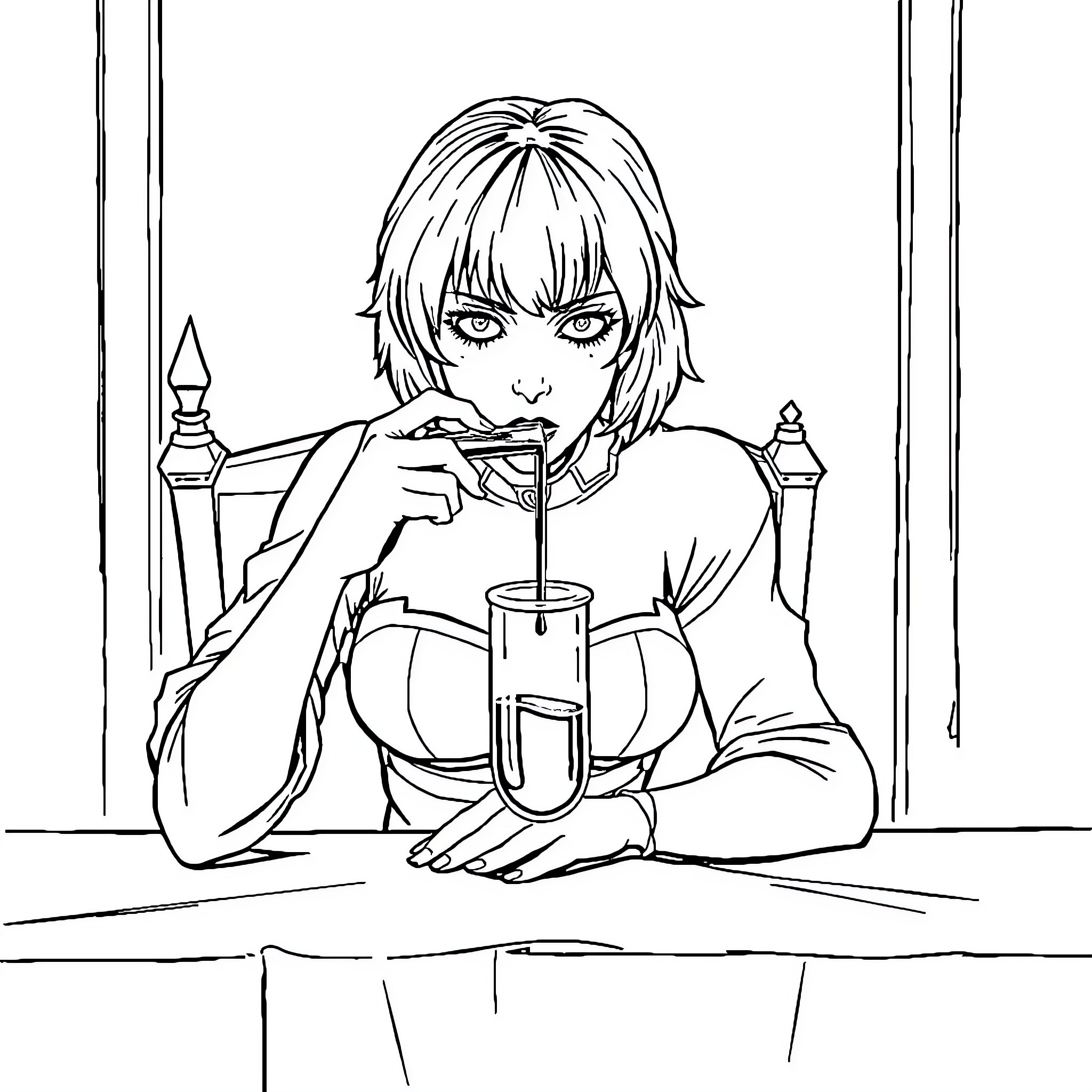 Seras Victoria enjoying a refreshing drink Coloring Page (free black-and-white line drawing printable PDF for all, from beginners to advanced learners, including children, teens, adults, and seniors)