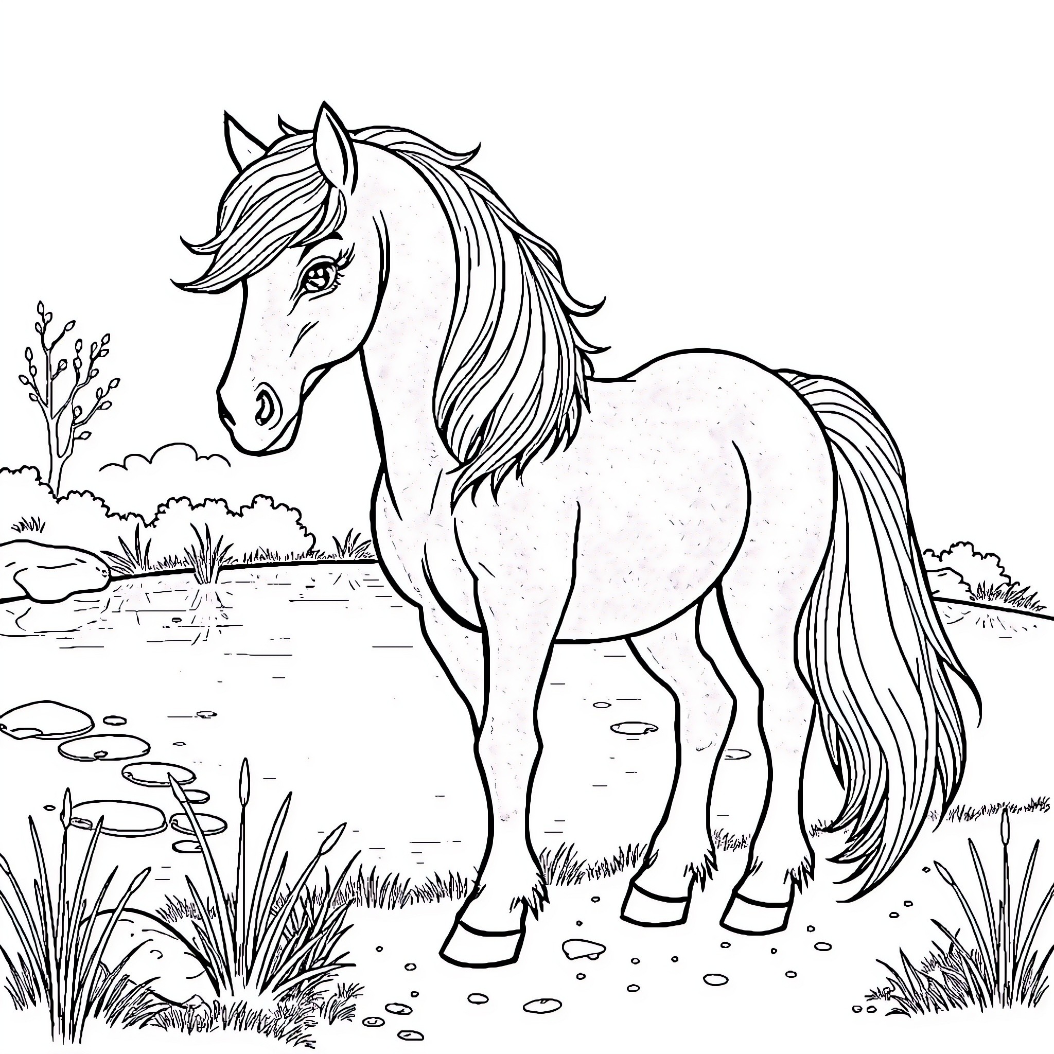 Pony standing majestically in a natural setting Coloring Page (free black-and-white line drawing printable PDF for all, from beginners to advanced learners, including children, teens, adults, and seniors)