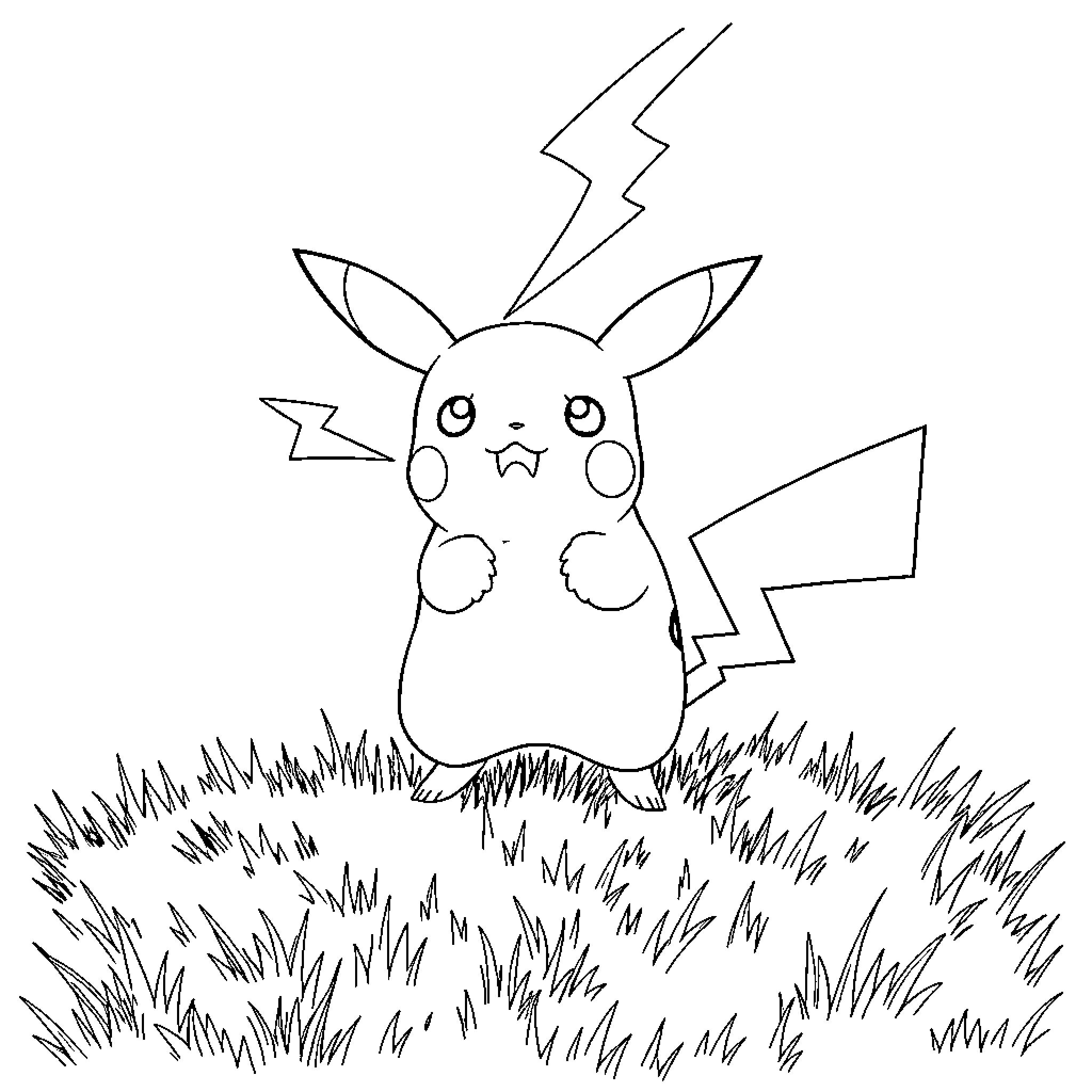 Pikachu in the Grass with Lightning Bolts Coloring Page (free black-and-white line drawing printable PDF for all, from beginners to advanced learners, including children, teens, adults, and seniors)