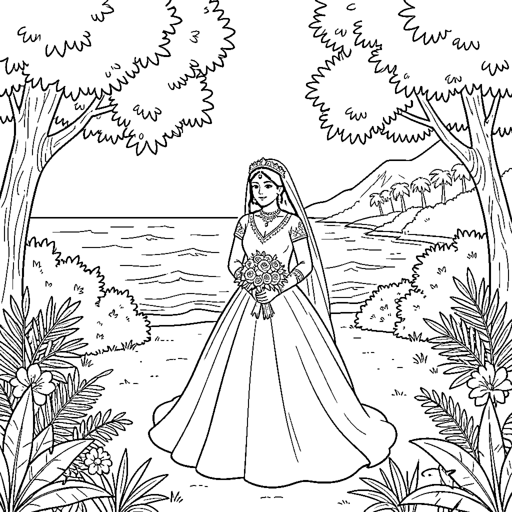 Bhumika standing gracefully in a wedding gown by the sea Coloring Page (free black-and-white line drawing printable PDF for all, from beginners to advanced learners, including children, teens, adults, and seniors)