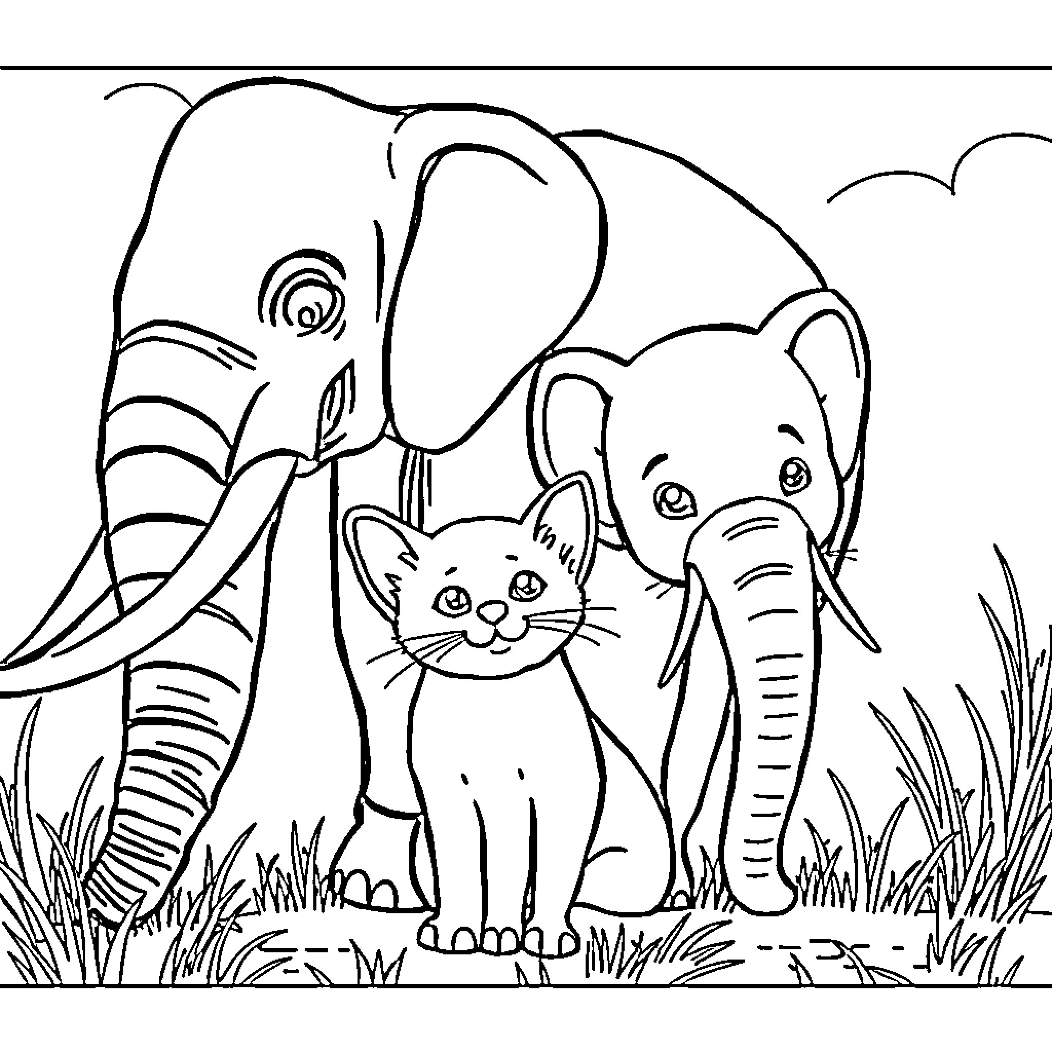 Cat and Elephant in Nature Scene Coloring Page (free black-and-white line drawing printable PDF for all, from beginners to advanced learners, including children, teens, adults, and seniors)