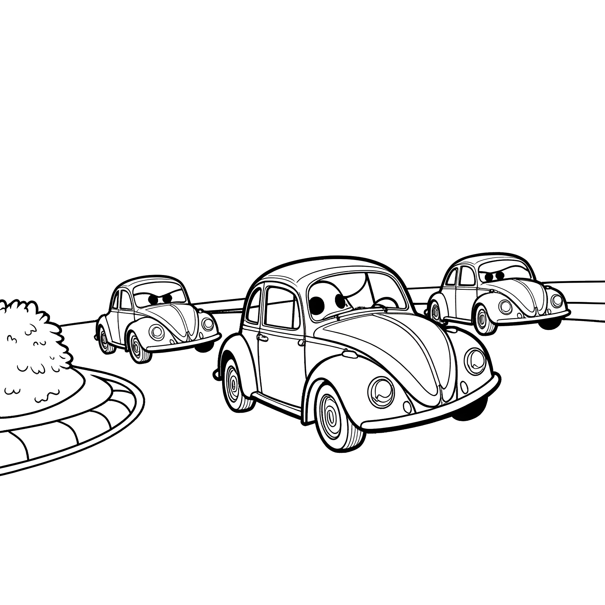 Herbie's vintage car convoy on the road Coloring Page (free black-and-white line drawing printable PDF for all, from beginners to advanced learners, including children, teens, adults, and seniors)