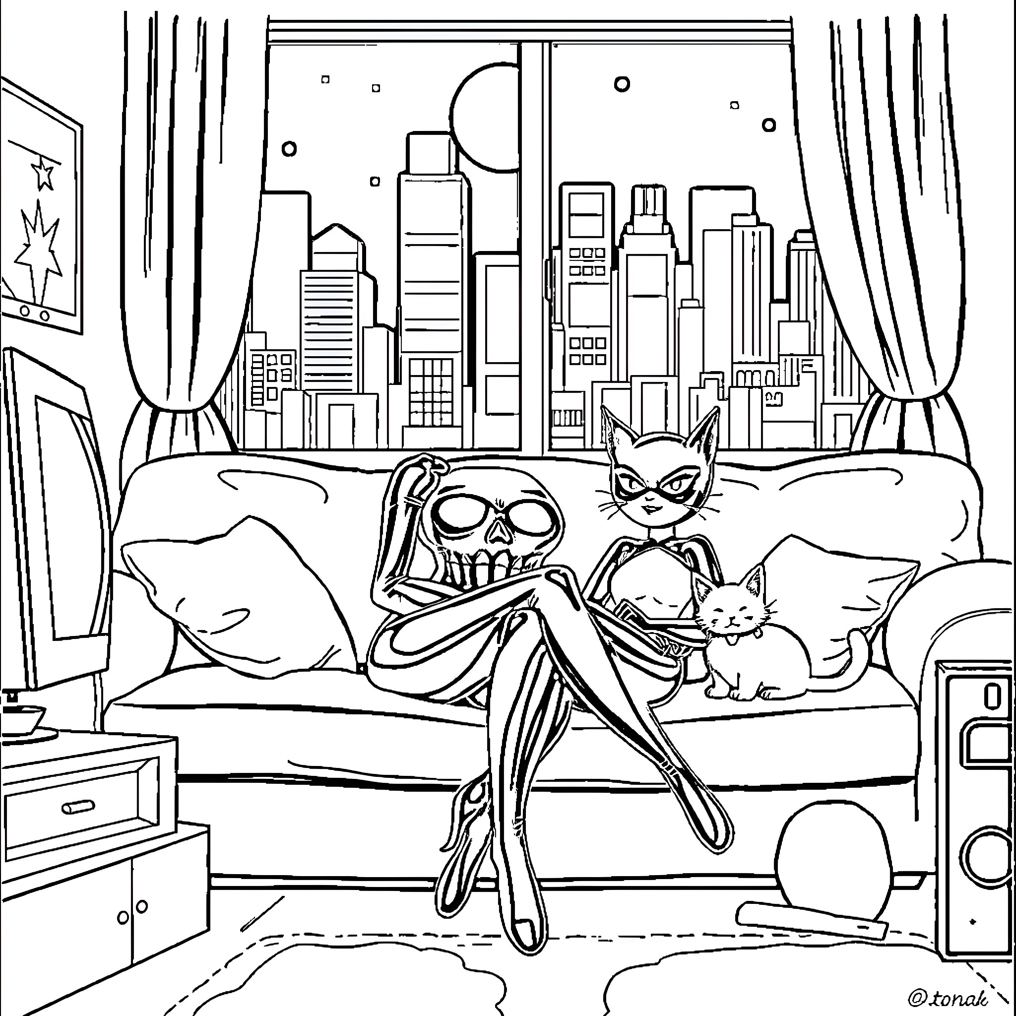 Catwoman relaxing at home with her feline companions Coloring Page (free black-and-white line drawing printable PDF for all, from beginners to advanced learners, including children, teens, adults, and seniors)