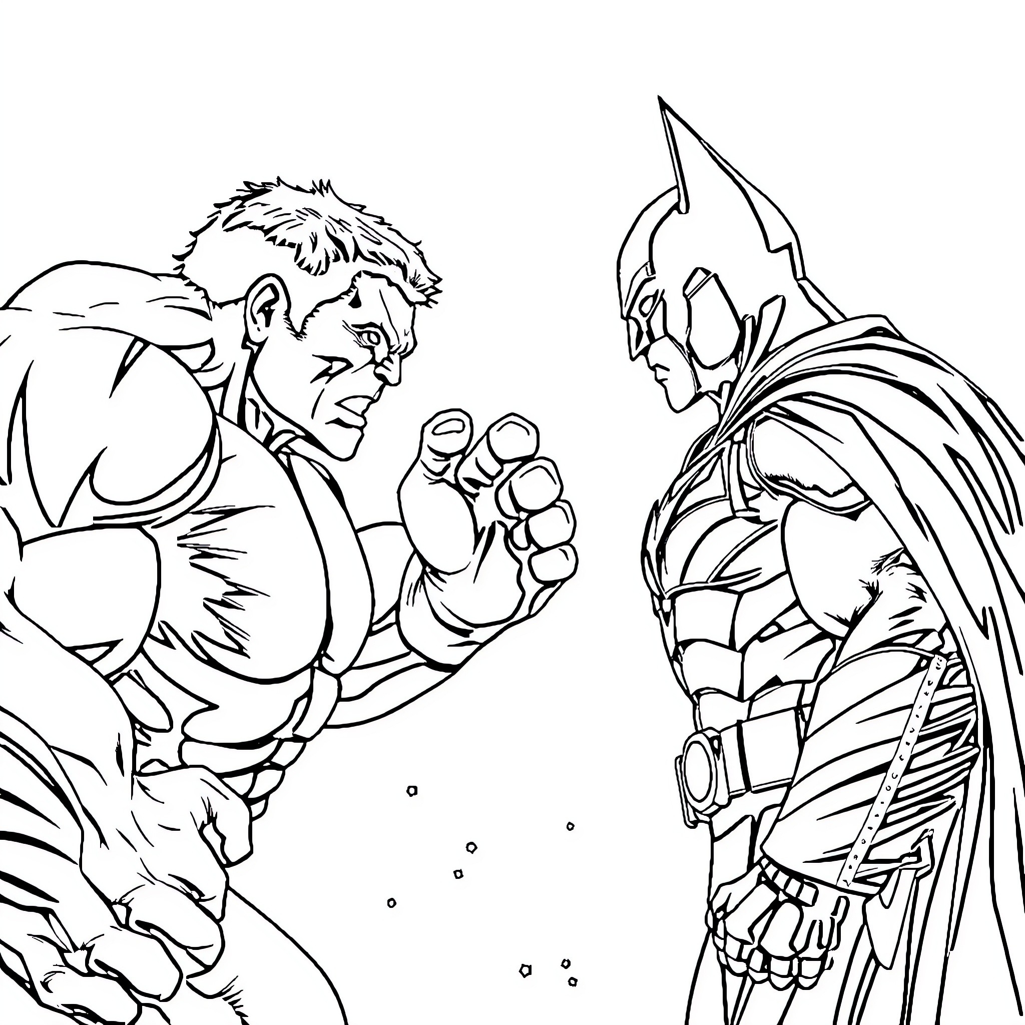 Hulk battling against heroic warrior in epic confrontation Coloring Page (free black-and-white line drawing printable PDF for all, from beginners to advanced learners, including children, teens, adults, and seniors)